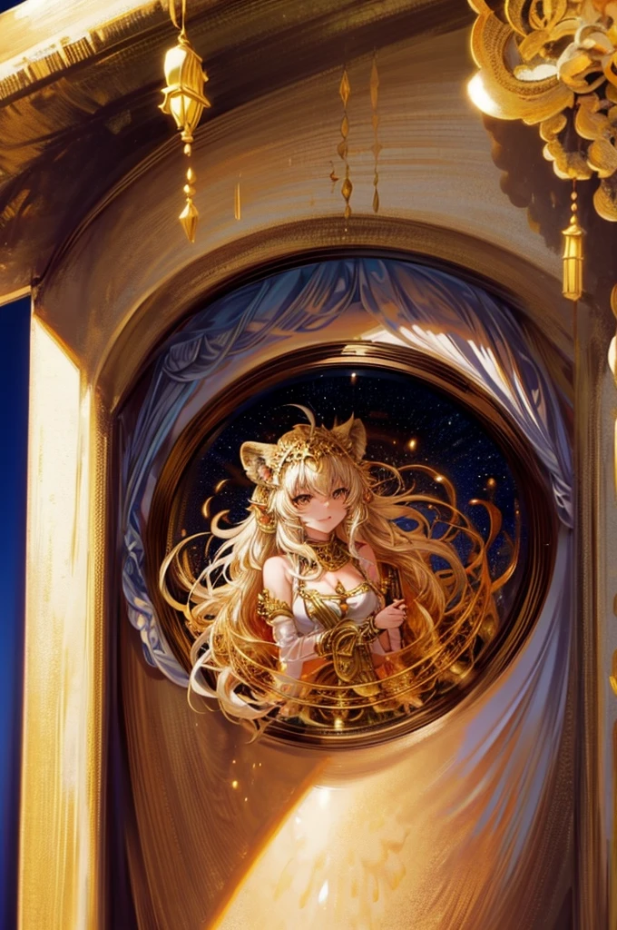 A lion neko girl, holding a staff, she is Infront of a temple in the desert, she is a goddess, she is canter image, the temple is in the middle of the desert, detailed face
