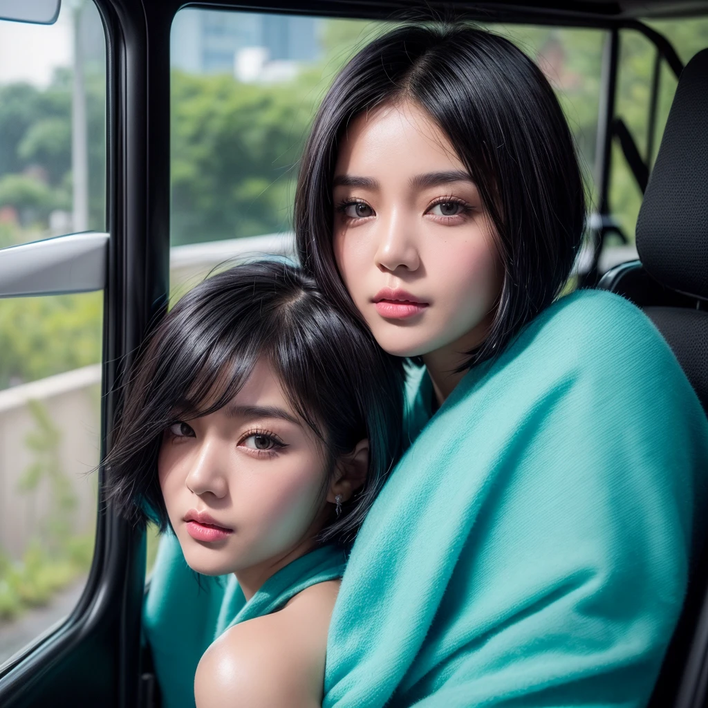 ((High quality, 8k, perfect quality, realistic)), beautiful, ((black and cyan hair color, short hair)), bedroom , selfie, staring out of the bus window, ((Indonesia)), adult, Indonesian region, ((realistic, facial texture)) Selfie photo with selfie stick, ((One person))