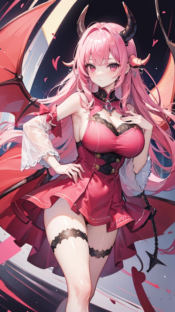 ((best quality)), ((masterpiece)), (detailed), mommy, big breast, demon, pink,wing head, wing back, Horn Head, dress