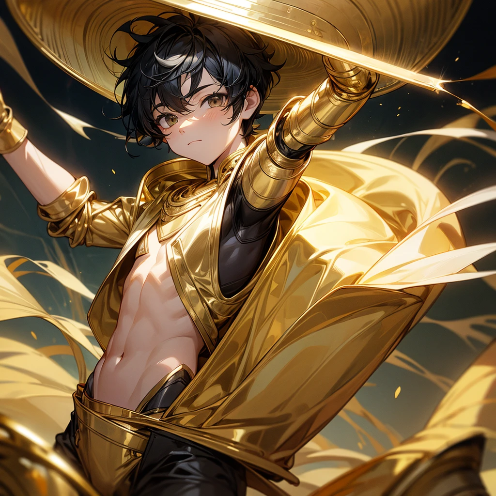 Create a boy, a 10 year old  who has a golden bucket on his head with black hair, a gold suit and gold pants and who has an arm gifted with midas 