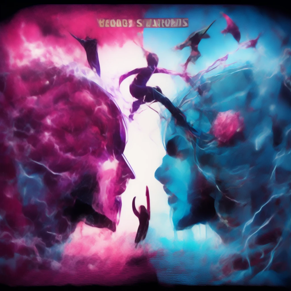 Blood-stained scavengers and dreamers from a parallel universe clash in a fractured psyche. Amid this turmoil, a breathtakingly beautiful transgender woman strives to unveil her true self amidst a spectacular apocalyptic setting. This vivid and emotionally charged scene is depicted in a mesmerizing painting, radiating with vivid hues of cyan and magenta. The intricate details of the woman's transformation and the chaos surrounding her evoke a sense of raw and powerful beauty, captivating viewers with its intensity and depth.