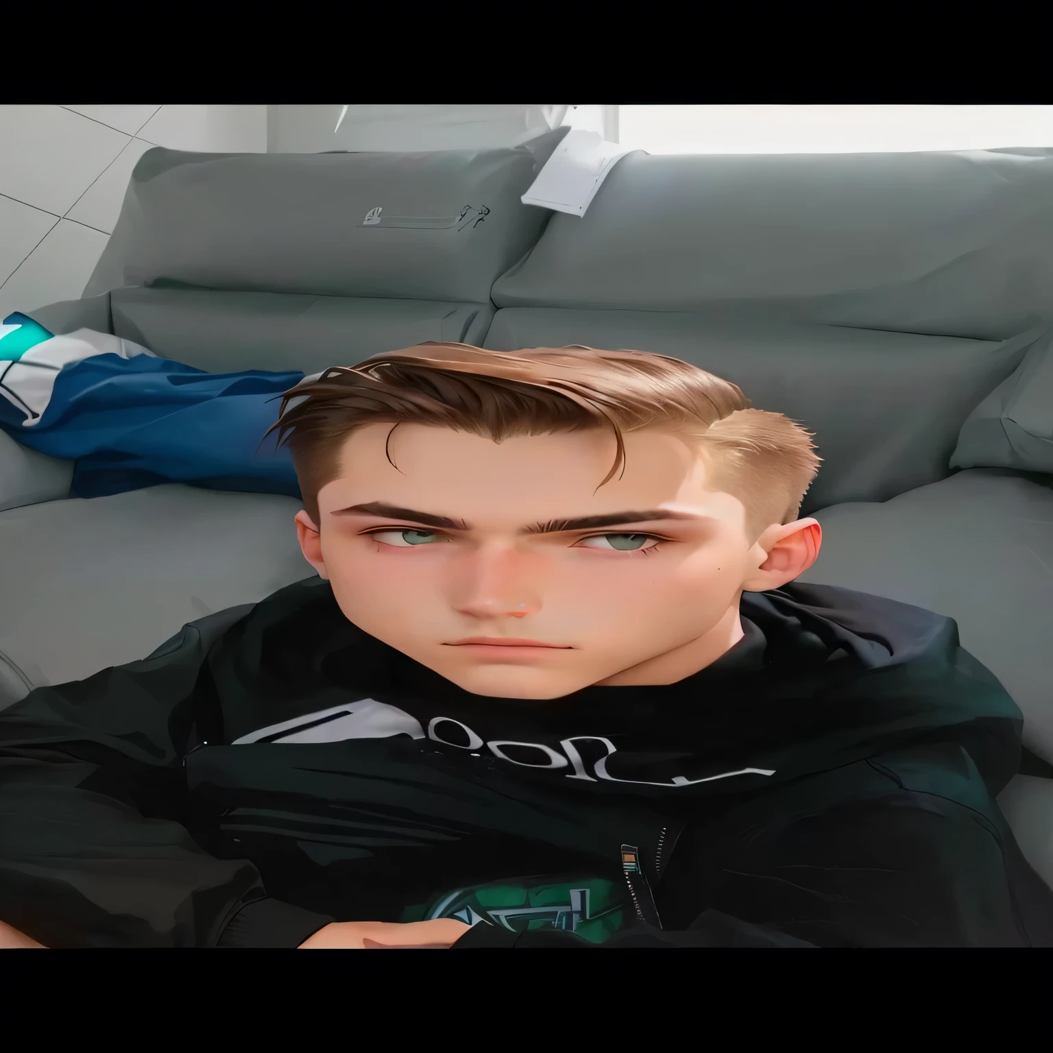 there is a young boy sitting on a couch with a remote control, Matthew 9 5, Asher Duran, frontal image, Tommy 1 6 years, Serpentina do Twitch / gamer ludwig, profile image, uploaded, he is about 20 years old, he is about 20 years old, brown hair styled with side parting, headshot profile imageture