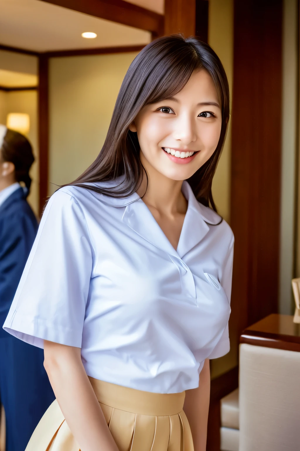 Highest quality, Aster Piece, 8K, Ultra-high resolution, (Photorealistic:1.4), One Girl, Beautiful expression, Symmetrical eyes, Skinny Japanese woman, 30 years old, Small breasts, Narrow waist, High school uniform, Look at the viewers, (Inside the hotel:1.2), View from the front, shoulder, Absolute area(1.3), Laughter,