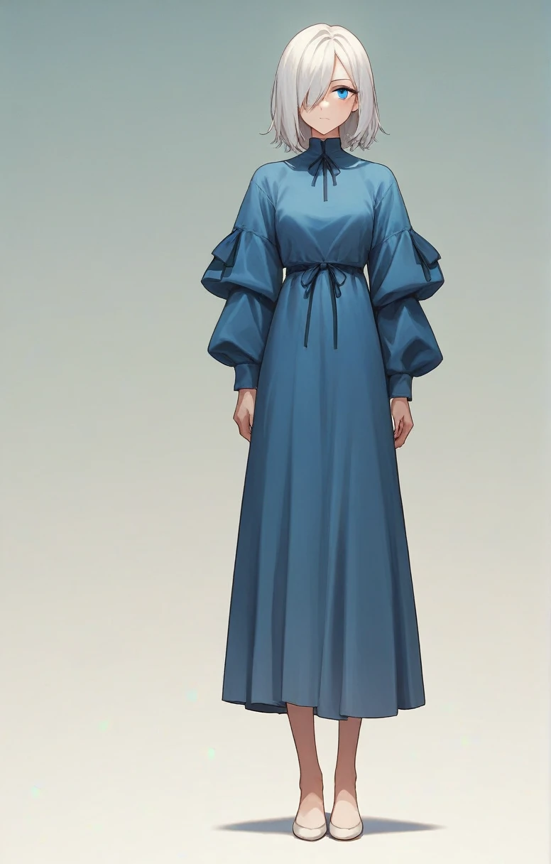 score_9, score_8_up, score_7_up, score_6_up, score_5_up, score_4_up, BREAK source_anime, one anime girl, blue eyes, white hair, medium hair, hair covers one eye, white and blue dress, standing