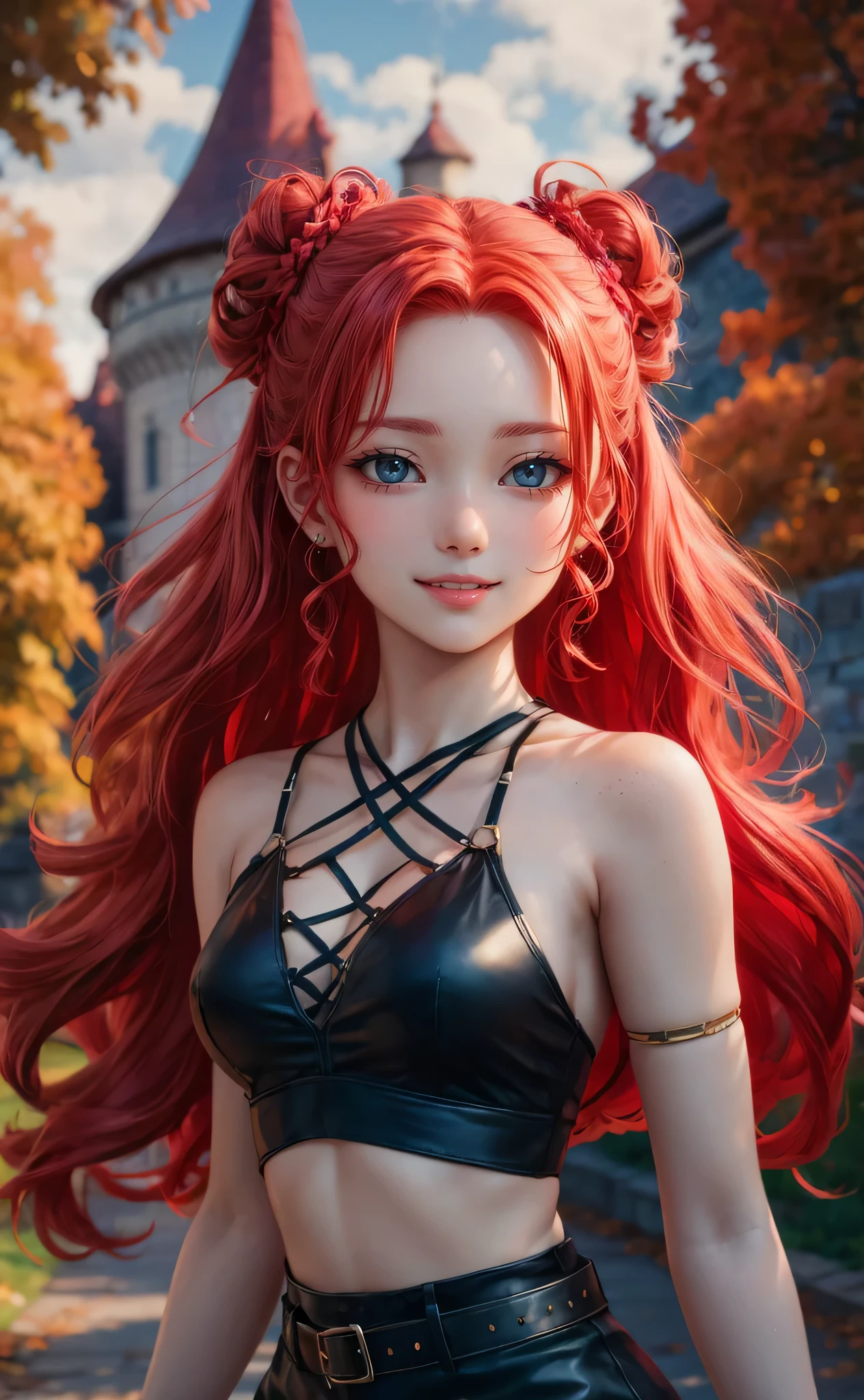 A captivating 3D render of an anime-style young woman with vibrant red hair that flows down her back. (Big breasts.) Her green eyes sparkle with energy, and she has a smattering of freckles across her face, adding a touch of charm. She wears a stylish black top, crisscrossed with straps, and a belt accentuating her waist. The background showcases a picturesque castle or mansion with a pointed roof, surrounded by trees adorned with the warm colors of autumn. The overall atmosphere of the image is vibrant and enchanting, perfect for a fantasy-inspired portrait., 3d render, anime, photo, portrait photography, illustration