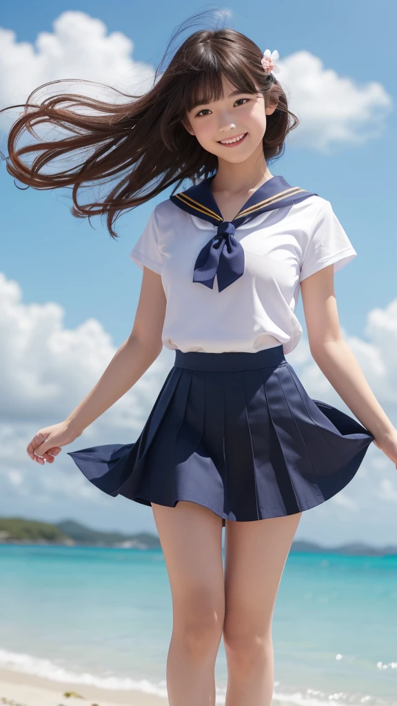 1girl,(((Okinawa ocean)))、(((White sand beaches in Okinawa)))、(((Just join your hands and pray)))、(((Mysterious look)))、8k UHD、Digital single-lens reflex camera、High resolution、Shallow depth of field、Natural light、(((オフショルダーで腕を上げて美しい脇の下をみせてくれる)))、(((Sailor suit)))、(((navy blue super mini skirt)))、(((A sparkling, charming smile)))、(((Full body photography)) )、Small person、(((Young face)))、1 Japanese female、;beautiful girl、(Black Hair)、A strong wind blows up my skirt、(((Brown eyes)))、Glowing Skin、Smooth Thinning Hair、Long Hair、Detailed background、Detailed eyes and face、Clear Eyes、Cute smile、Calm atmosphere、(((stage)))、(((Small breasts)))、(iful Eyes)))、Flat chest、Children、(((Toned t))) 、(((Angle from below) ))、(((Fine lips)))、(((Skirt fluttering)))、Shining beautiful legs、( Skirt fluttering violently in the strong wind :1.4), (hair blowing in the strong wind:1.4), (leaning forward)、barefoot、barefoot、((((A skirt flipped up by a strong w)))