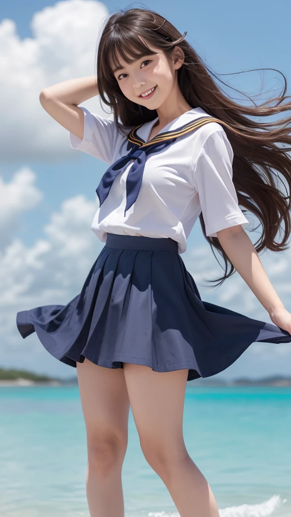1girl,(((Okinawa ocean)))、(((White sand beaches in Okinawa)))、(((Just join your hands and pray)))、(((Mysterious look)))、8k UHD、Digital single-lens reflex camera、High resolution、Shallow depth of field、Natural light、(((オフショルダーで腕を上げて美しい脇の下をみせてくれる)))、(((Sailor suit)))、(((navy blue super mini skirt)))、(((A sparkling, charming smile)))、(((Full body photography)) )、Small person、(((Young face)))、1 Japanese female、;beautiful girl、(Black Hair)、A strong wind blows up my skirt、(((Brown eyes)))、Glowing Skin、Smooth Thinning Hair、Long Hair、Detailed background、Detailed eyes and face、Clear Eyes、Cute smile、Calm atmosphere、(((stage)))、(((Small breasts)))、(((Beautiful Eyes)))、Flat chest、Children、(((Toned thighs))) 、(((Angle from below) ))、(((Fine lips)))、(((Skirt fluttering)))、Shining beautiful legs、( Skirt fluttering violently in the strong wind :1.4), (hair blowing in the strong wind:1.4), (leaning forward)、barefoot、barefoot、((((A skirt flipped up by a strong wind))))