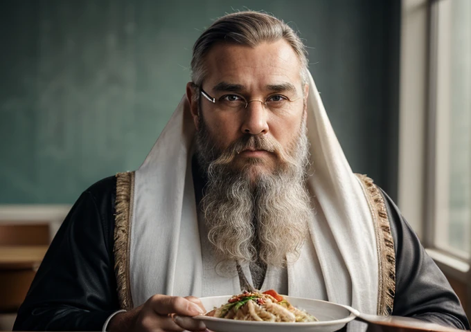 One Alexander Bain looking directly at camera lens, one close to face, best quality, highres, hires, skin definition, detailed skin, detailed deep caring eyes, Oscar Issac, Eddie Cibrian, Liam Neeson, Chris Hemsworth, Clark Gable, Esai Morales, George Clooney, detailed face, (Caucasian:1.5), lifelike, 4k, 8k, (photorealistic:1.5), realistic, uhd, a tall, ((short flowing 4 inch salt and pepper beard and hair)), wearing a cloak. The style of the image is fantastical and epic, with an air of wisdom and power emanating from the character. a man with long hair and a beard, long goatee beard, long white hair and beard, very attractive man with beard, bearded beautiful man, light beard, bearded man, gray hair and beard, man with beard, silver hair and beard, arab man light beard, handsome man, 😘 Wearing transparent red prescription glasses,(((He is very chubby and is having a meal in the cafeteria with other Astronauts))), Inside the spacecraft.