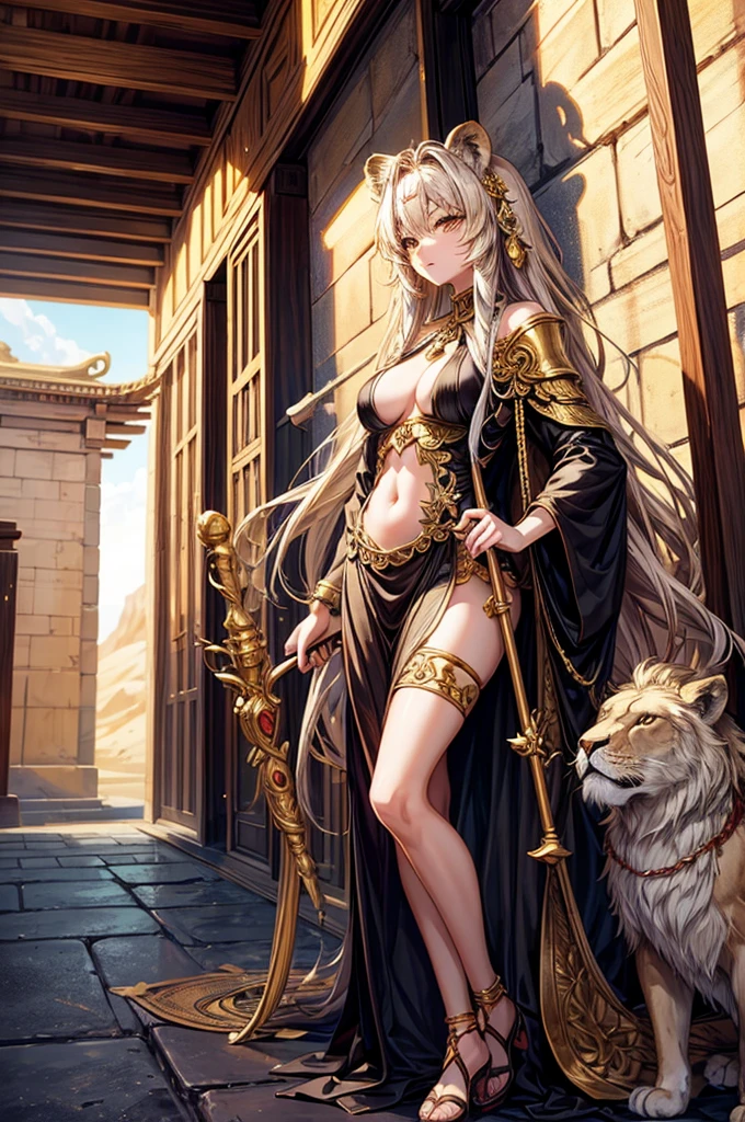 A lion neko girl, holding a staff, she is Infront of a temple in the desert, she is a goddess, she is canter image, the temple is in the middle of the desert, detailed face