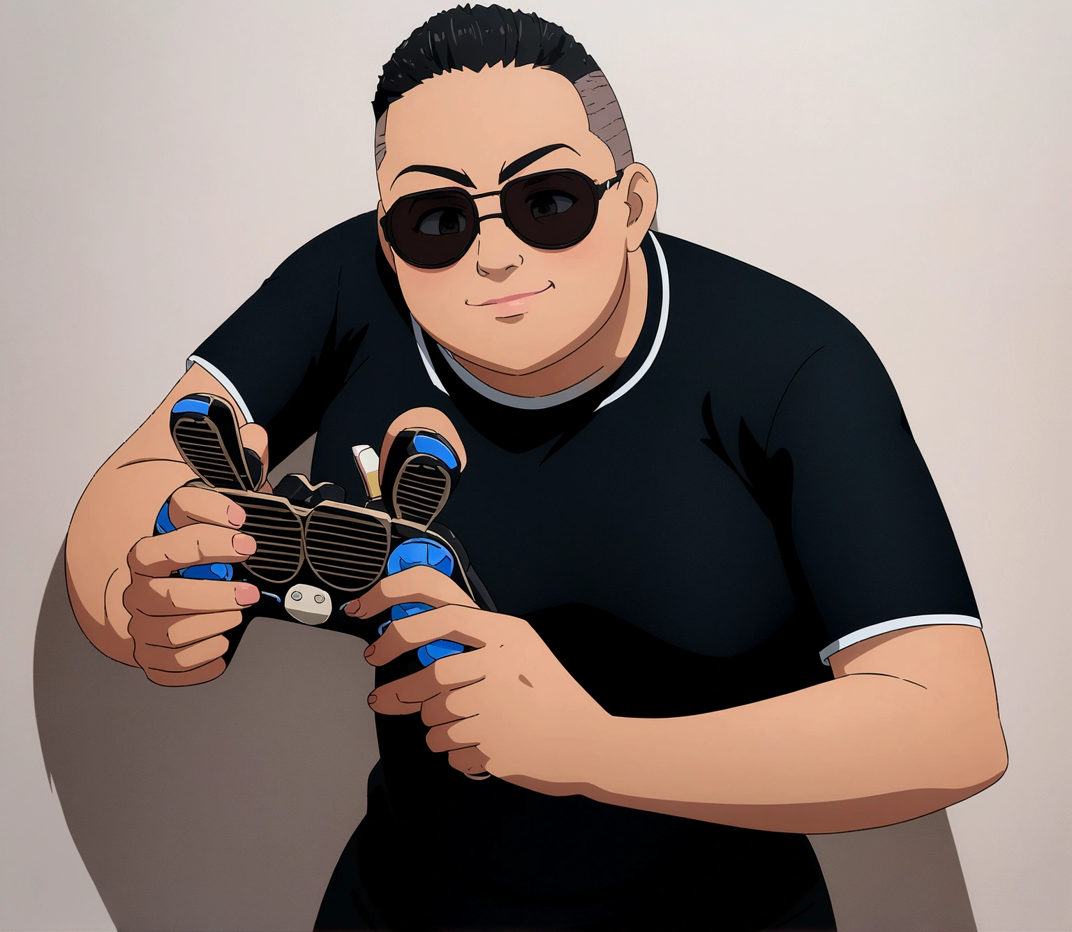 Dark-skinned man with black jacket and sunglasses, standing on the wall, undercut haircut, Bblack hair, holding a controller, anime 8K foda, anime wallpaper 4k, 4K anime-style, 8K anime art wallpaper
