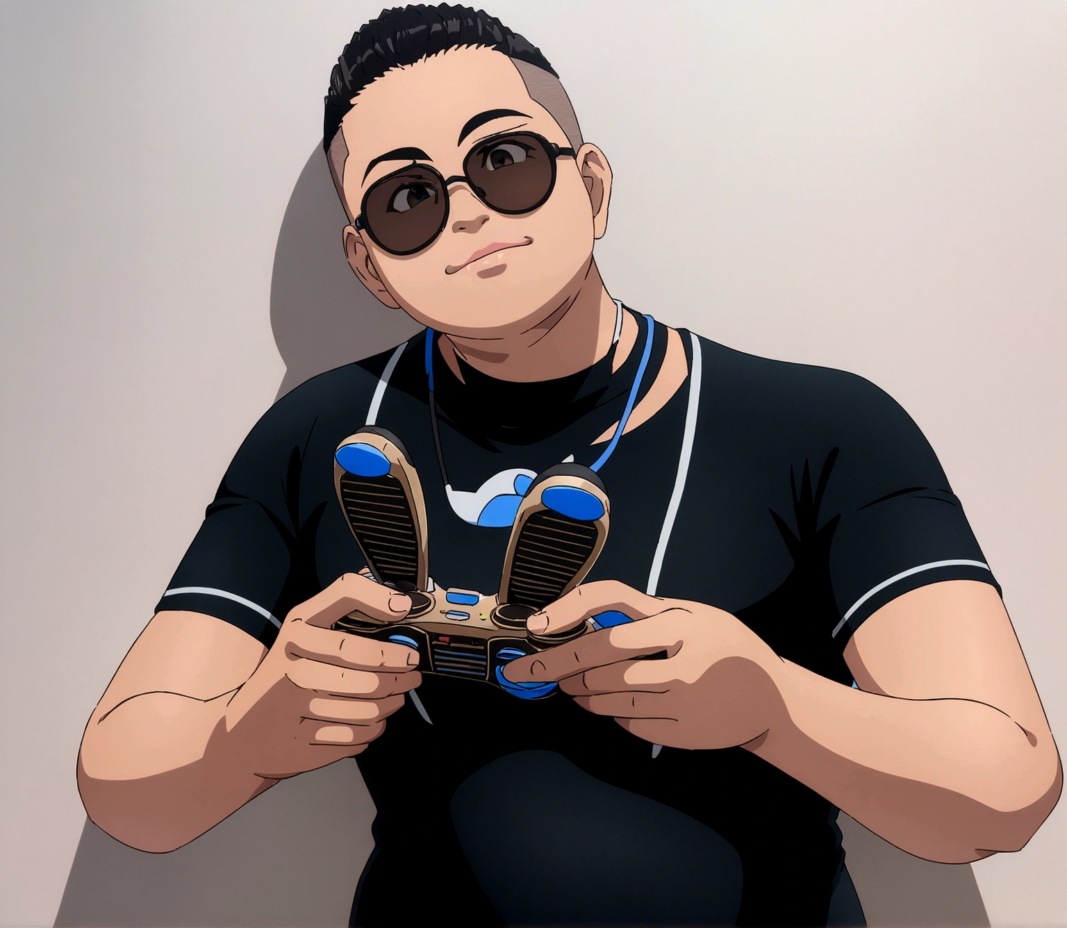 Dark-skinned man with black jacket and sunglasses, standing on the wall, undercut haircut, Bblack hair, holding a controller, anime 8K foda, anime wallpaper 4k, 4K anime-style, 8K anime art wallpaper