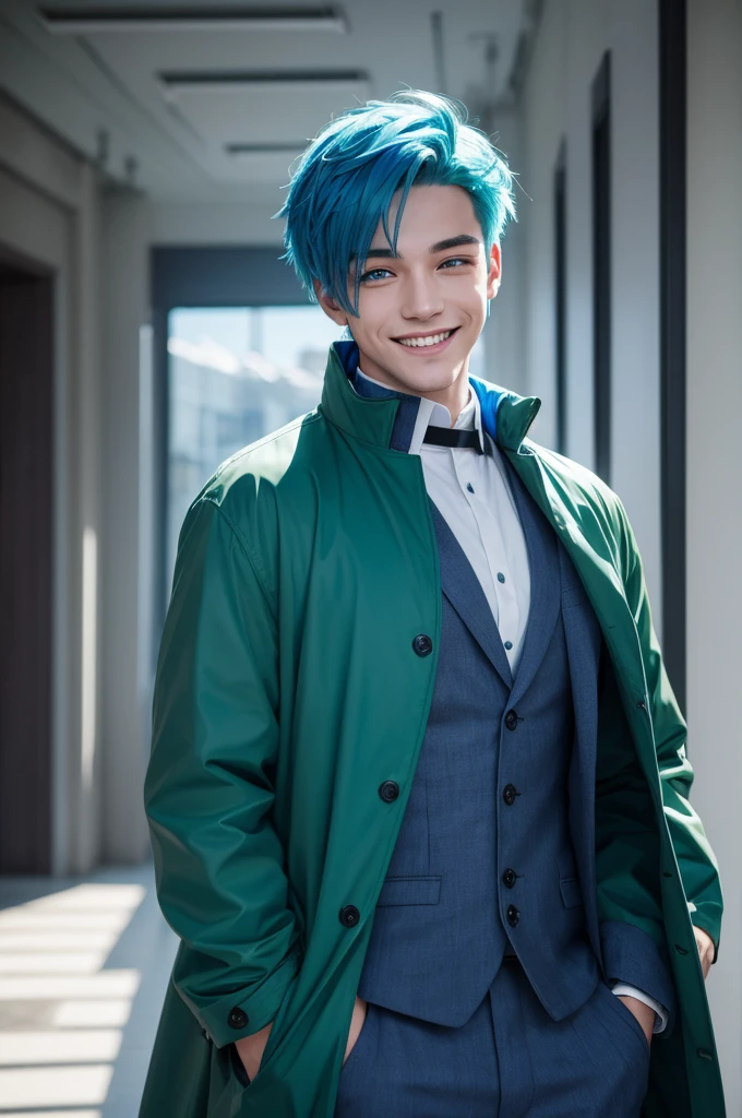 Man character with blue hair,blue colored eyes,with green coat smiling