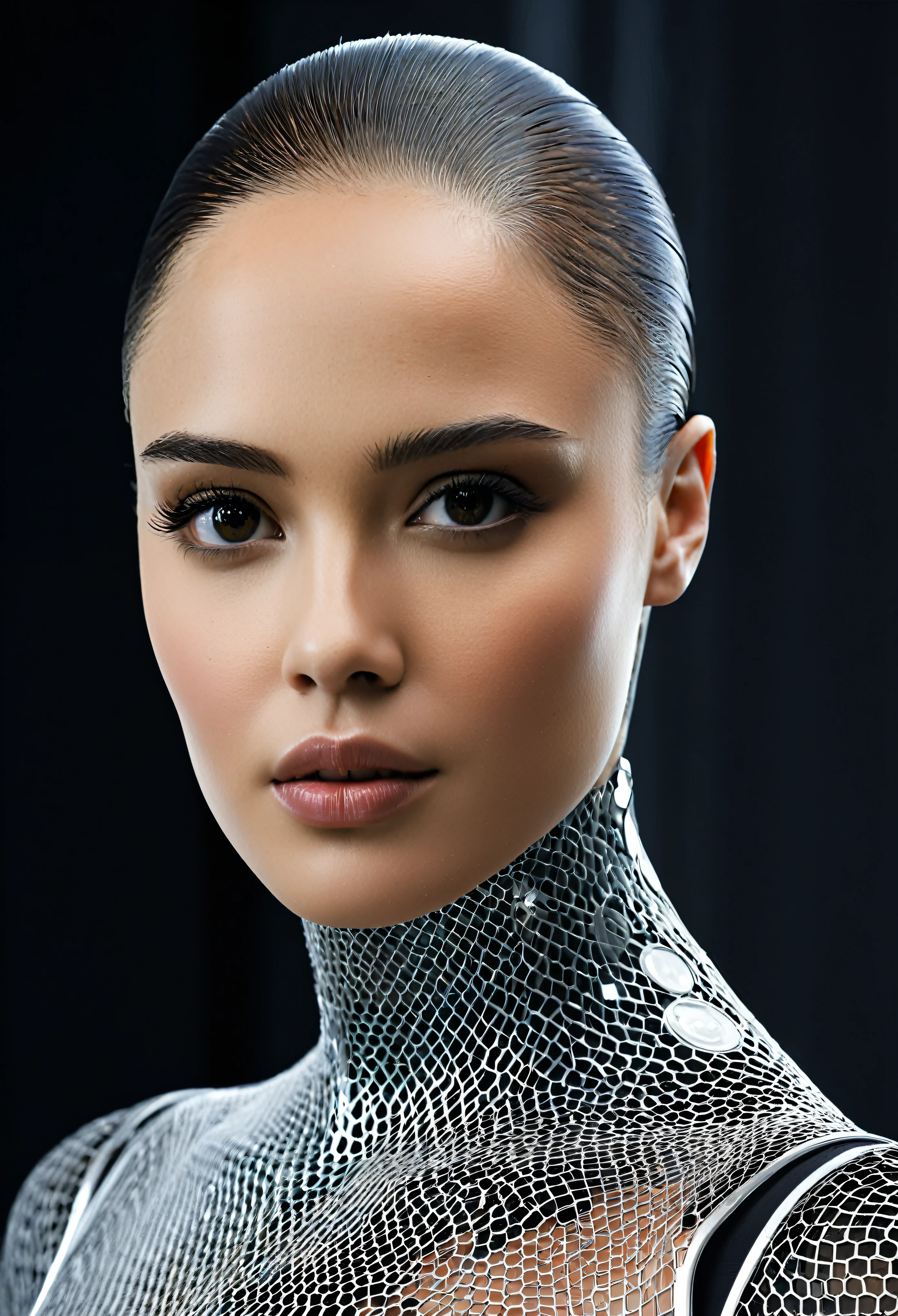 "Create an image of a futuristic humanoid AI robot with a face reminiscent of human beauty and elegance. The robot's design should feature intricate details in its skin, inspired by realism and the aesthetics of advanced technology. Emphasize the fusion of human-like qualities with futuristic elements, drawing inspiration from the visual style of the film Ex Machina.", gives a feeling of attractiveness and eroticism