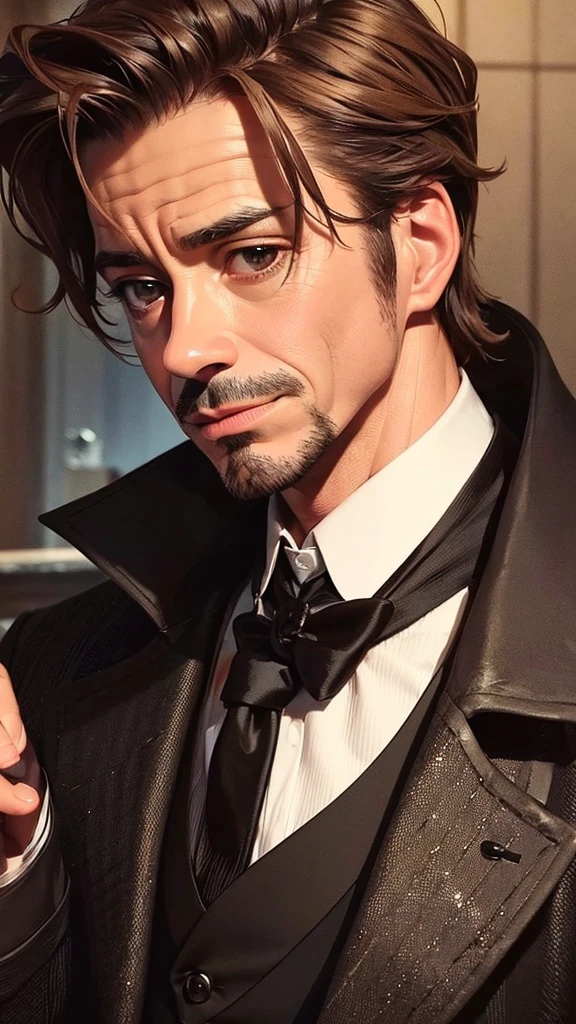 Robert Downey Jr. as Sherlock Holmes, Handsome man, cr3, close-up portrait, suit and tie, Victorian fashion, velvet frock coat, wearing a brown coat, Victorian era clothing, haunting appearance, overcoat, with elegant Victorian attire, wearing a stylish jacket