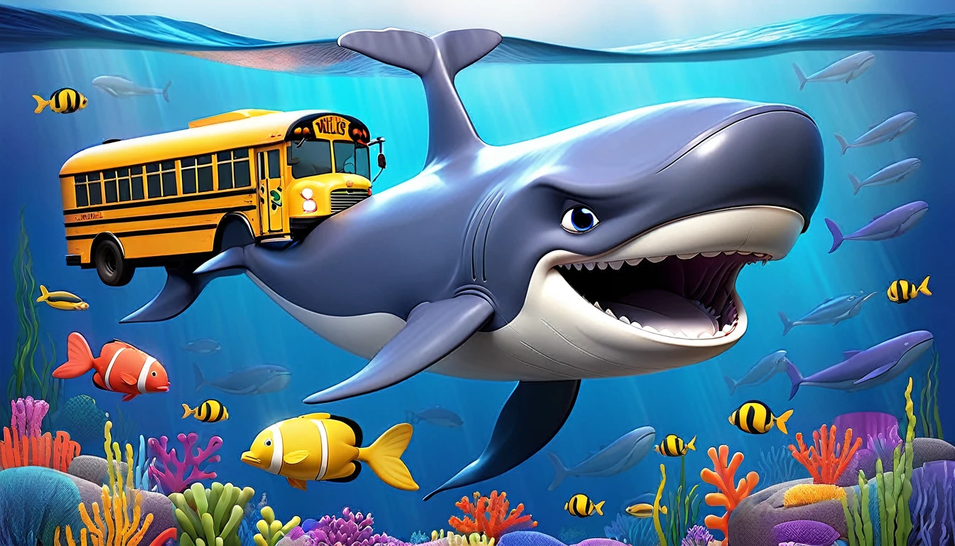 Create a 3-D Pixar style art scene for kids featuring a blue whale swimming beside three school buses for size comparison. The scene should be colorful and vibrant, with an ocean background, coral reefs, and schools of fish. The text 'Did you know? Whales are the biggest animals on Earth!' should be prominently displayed. The overall mood should be engaging and inviting for young children