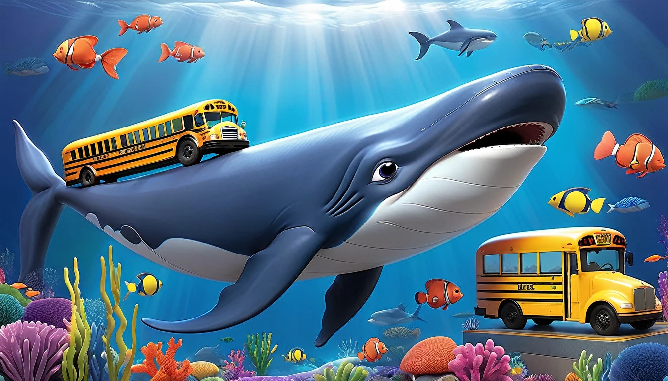 Create a 3-D Pixar style art scene for kids featuring a blue whale swimming beside three school buses for size comparison. The scene should be colorful and vibrant, with an ocean background, coral reefs, and schools of fish. The text 'Did you know? Whales are the biggest animals on Earth!' should be prominently displayed. The overall mood should be engaging and inviting for young children