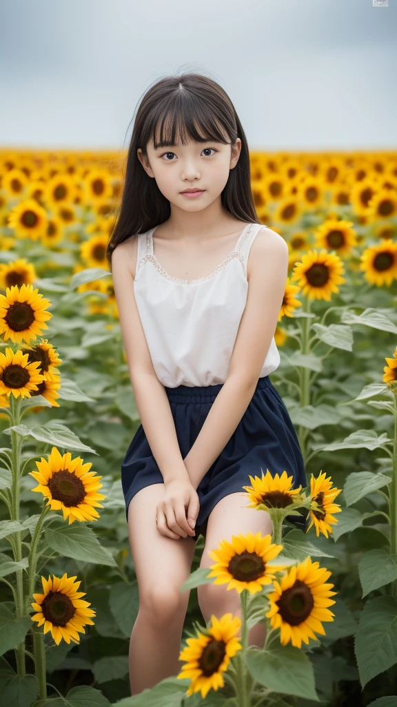 8K、Elementary school beautiful girl、A dark-haired、detailed beautiful faces、very short pants, A field of sunflowers
、Very strong wind、decolletage、Sit on the buttocks