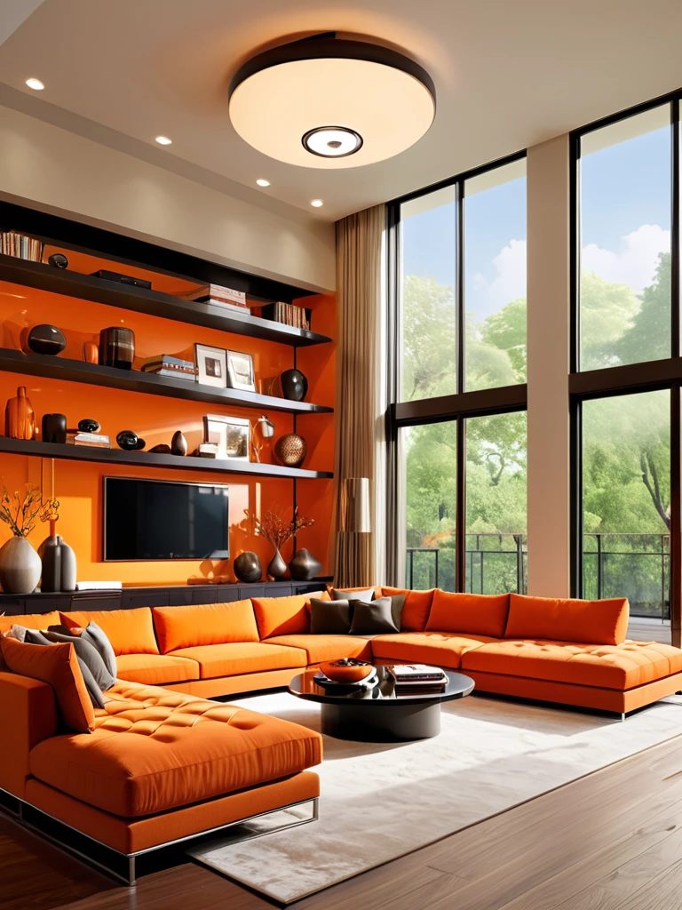 Design a luxurious and modern living room with orange color wall and high ceilings and a sophisticated aesthetic. The room features a large orange sectional sofa with a mix of Orange and dark pillows, a stylish round coffee table, and a sleek entertainment center with built-in shelving. The space is illuminated by elegant circular pendant lights hanging from the ceiling. Large floor-to-ceiling windows allow natural light to flood the room, highlighting the contemporary decor and creating an inviting atmosphere. Add a few decorative orange items and books on the shelves to enhance the sophisticated feel.