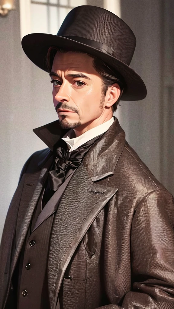 A close-up of a man in a suit and tie posing for a photo, Robert Downey Jr., Sherlock Holmes, Handsome man, cr3, portrait of Sherlock Holmes, Victorian clothing, velvet frock coat, wearing a brown coat, wearing Victorian clothes, haunting, he's wearing an overcoat, with Victorian clothes, wearing a fancy jacket