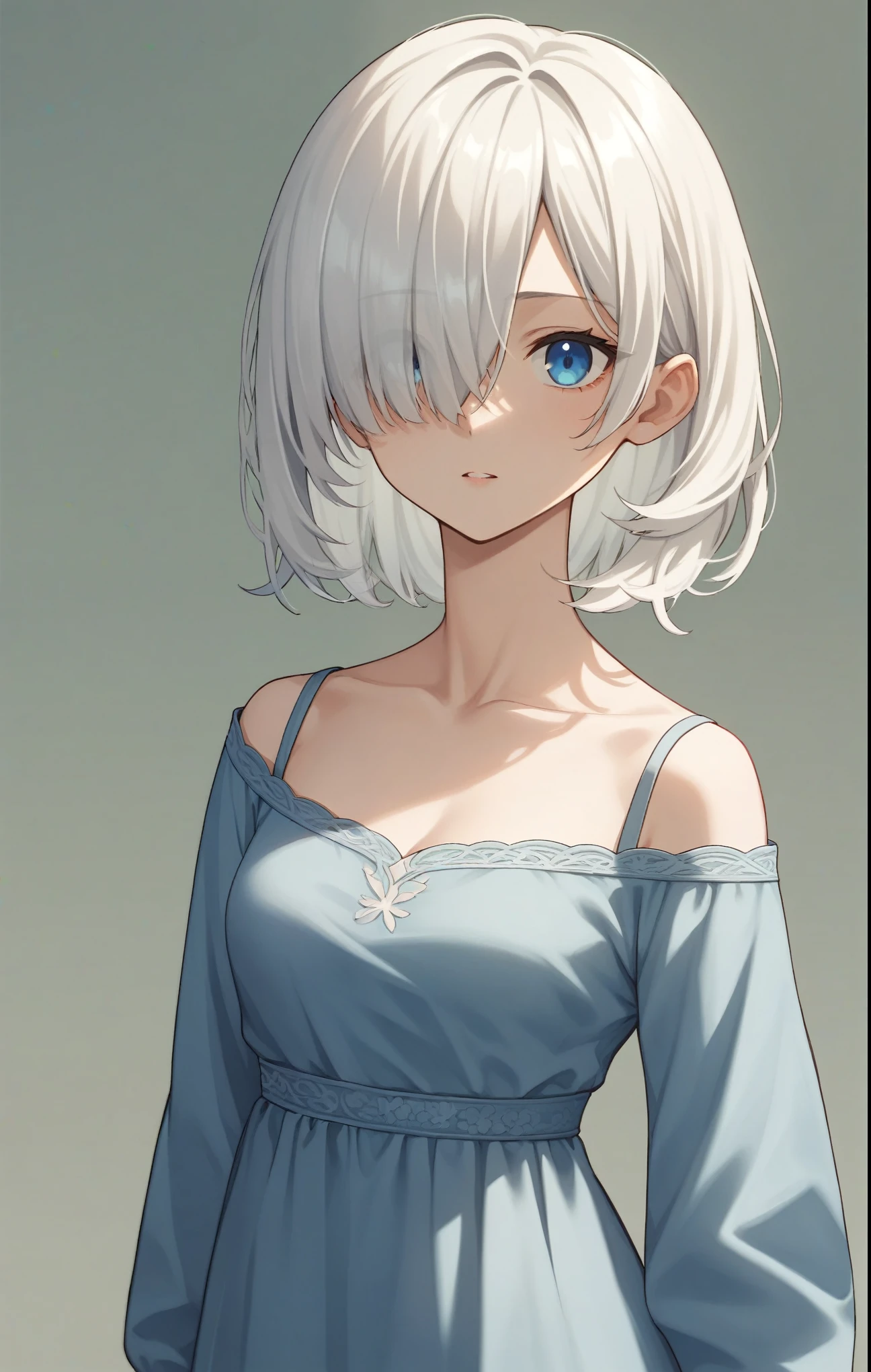 score_9, score_8_up, score_7_up, score_6_up, score_5_up, score_4_up, BREAK source_anime, one anime girl, blue eyes, white hair, medium hair, hair covers one eye, white and blue dress,
