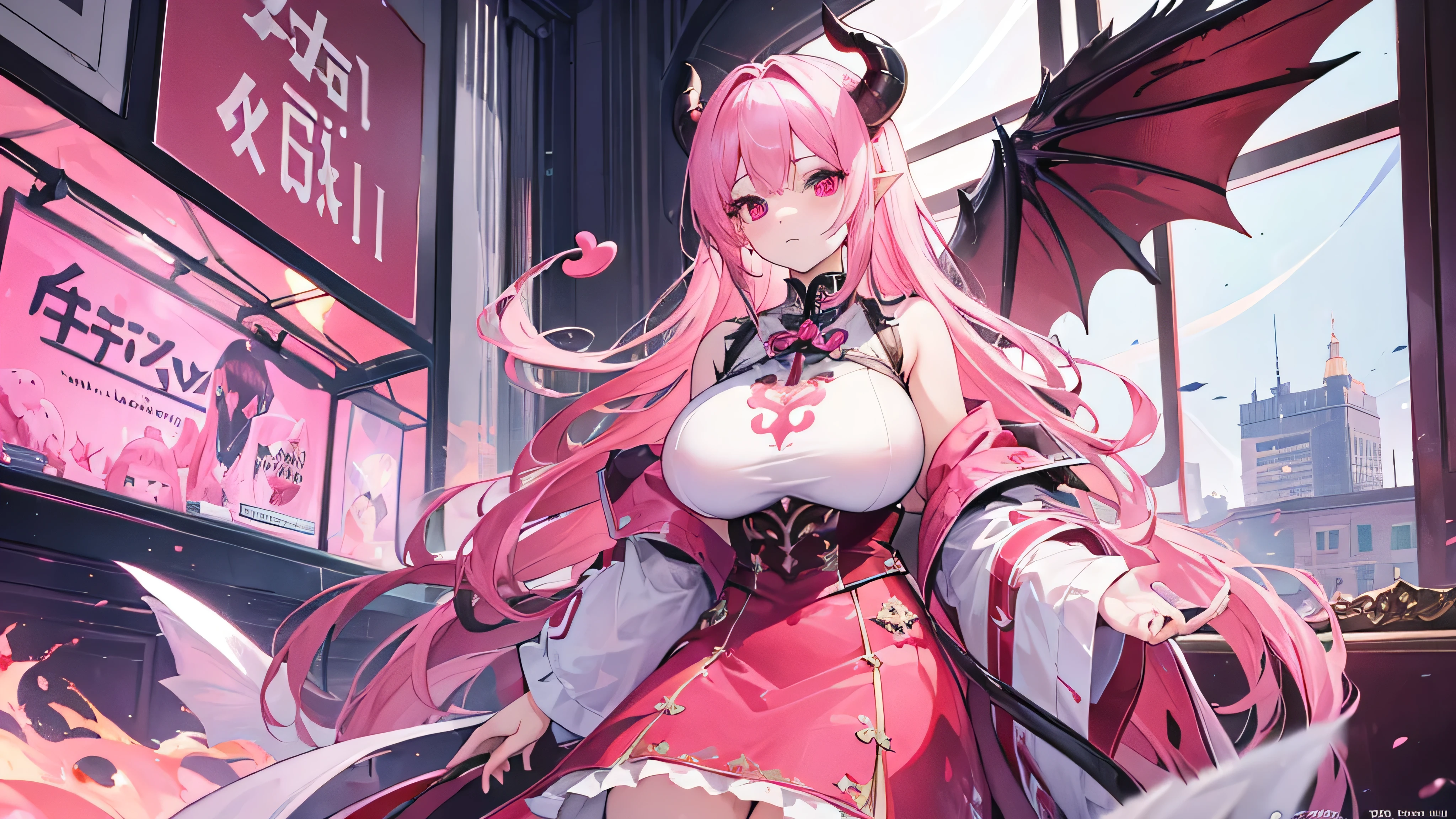 ((best quality)), ((masterpiece)), (detailed), mommy, big breast, demon, pink,wing head, wing back, Horn Head, dress
