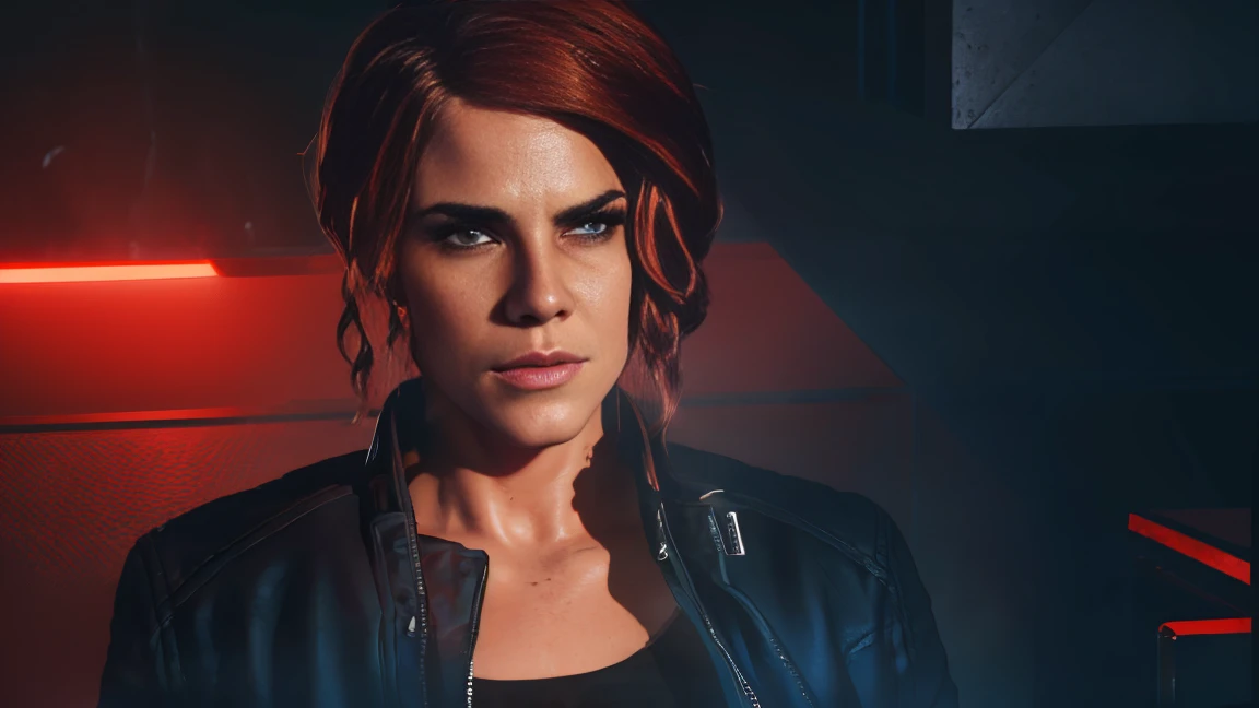 jesseC_soul3142, 1girl, red hair, jacket, looking at viewer, realistic, copy machine, bare_feet, high quality, 8k, hyperrealistic, vivid colors, professional illustration, dramatic lighting, cinematic, digital art, female portrait, confident expression, red aesthetic