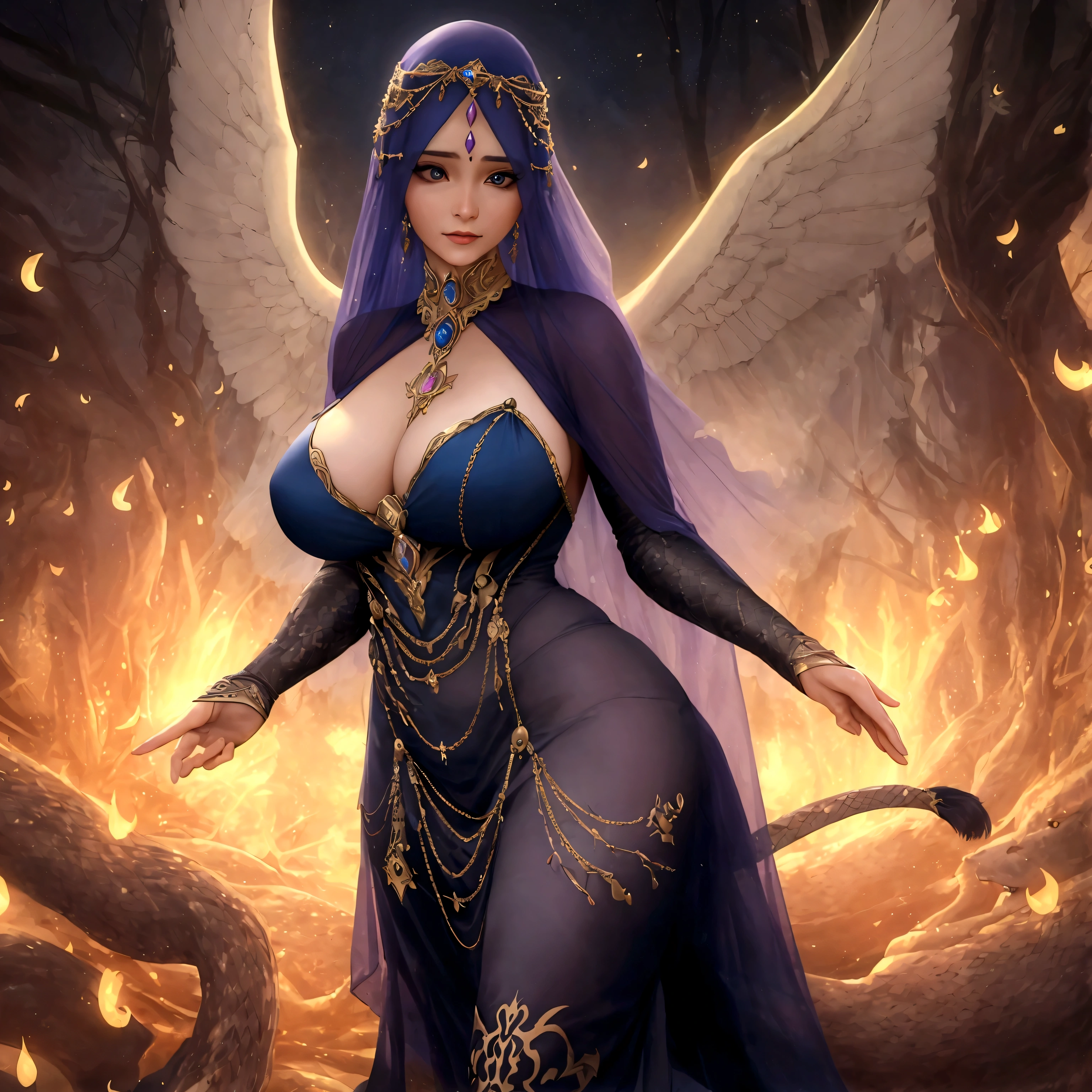 (best quality,4k,highres,masterpiece:1.2),ultra-detailed,(realistic:1.37)
A mature curvaceous Malaysian woman with her age at 40, dressed in a hijab that covers all of her hair, is standing in the center of a mystical scene. She is wearing a beautiful silk magic gown that shimmers with an otherworldly glow. The gown flows gracefully around her figure, accentuating her curves and adding an air of elegance to her presence.
The woman is a witch, strong and knowledgeable in the mystic arts. She stands confidently with her hands raised, as if channeling her magical powers. Around her, a magic circle adorns the ground with intricate symbols and glowing sigils. The circle is made from a combination of runes and arcana, pulsating with energy in vibrant colors of blues and purples.
As the woman continues her summoning, a mythical monster starts to materialize from within the magic circle. The creature is a magnificent being, towering with a majestic presence. Its body is covered in shimmering scales, reflecting the light around it in a mesmerizing display. The creature's form is a combination of various animals, with wings of an eagle, the tail of a serpent, and the head of a lion.
The scene is bathed in an ethereal light, reminiscent of moonlight casting an enchanting glow. The soft illumination illuminates the woman's face, revealing a calm and focused expression. Her eyes emit a glimmer of magic, while her lips are curved in determination.
The background is an enchanted forest, with towering trees reaching towards the sky. The forest is filled with vibrant foliage, casting shadows and adding layers of depth to the overall composition. The air is filled with an aura of mystery and anticipation, as if the entire world holds its breath in awe of the imminent manifestation.
The color palette of the scene is rich and vivid, with deep shades of blues and purples dominating the overall tone. The contrasting warm hues of the woman's gown provide a beautiful balance and creat