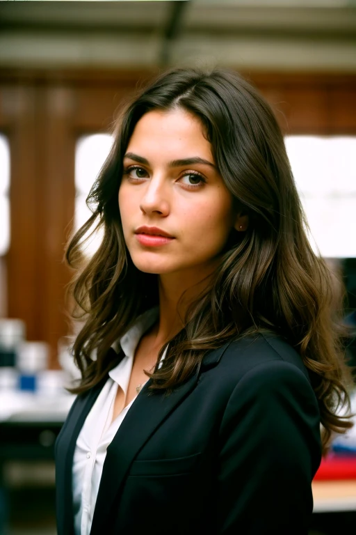 photograph of a woman, (serious facial expression), brunette skin, long curly dark brown hair, vestimentas: Black Suit, and mysterious professional, in a workroom whose color and white eyes perfect 160 color support, Shot on ARRI ALEXA 65, bokeh, sharp focus on the subject, filmed by Don McCullin