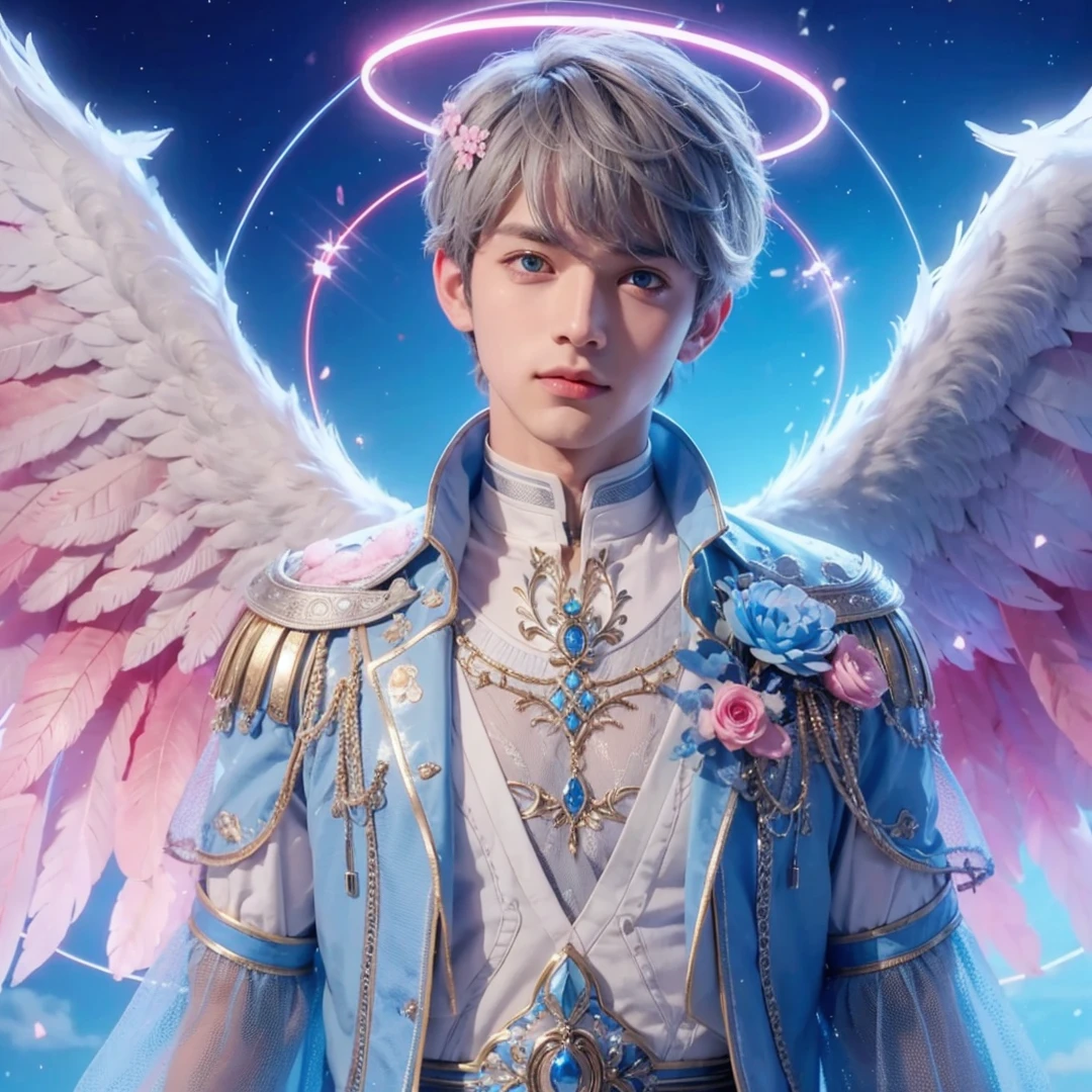 Handsome boy, gray hair, blue eyes, blue and pink wings