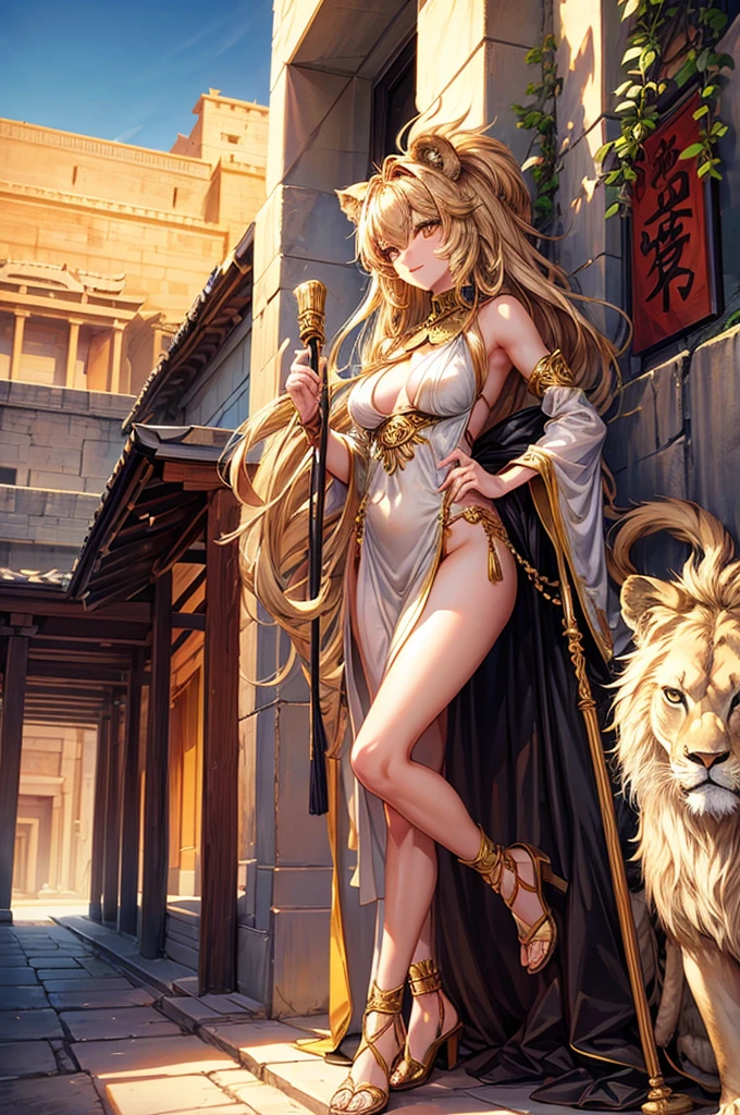 A lion neko girl, holding a staff, she is Infront of a temple in the desert, she is a goddess, she is canter image, the temple is in the middle of the desert, detailed face, make the image good for a book cover