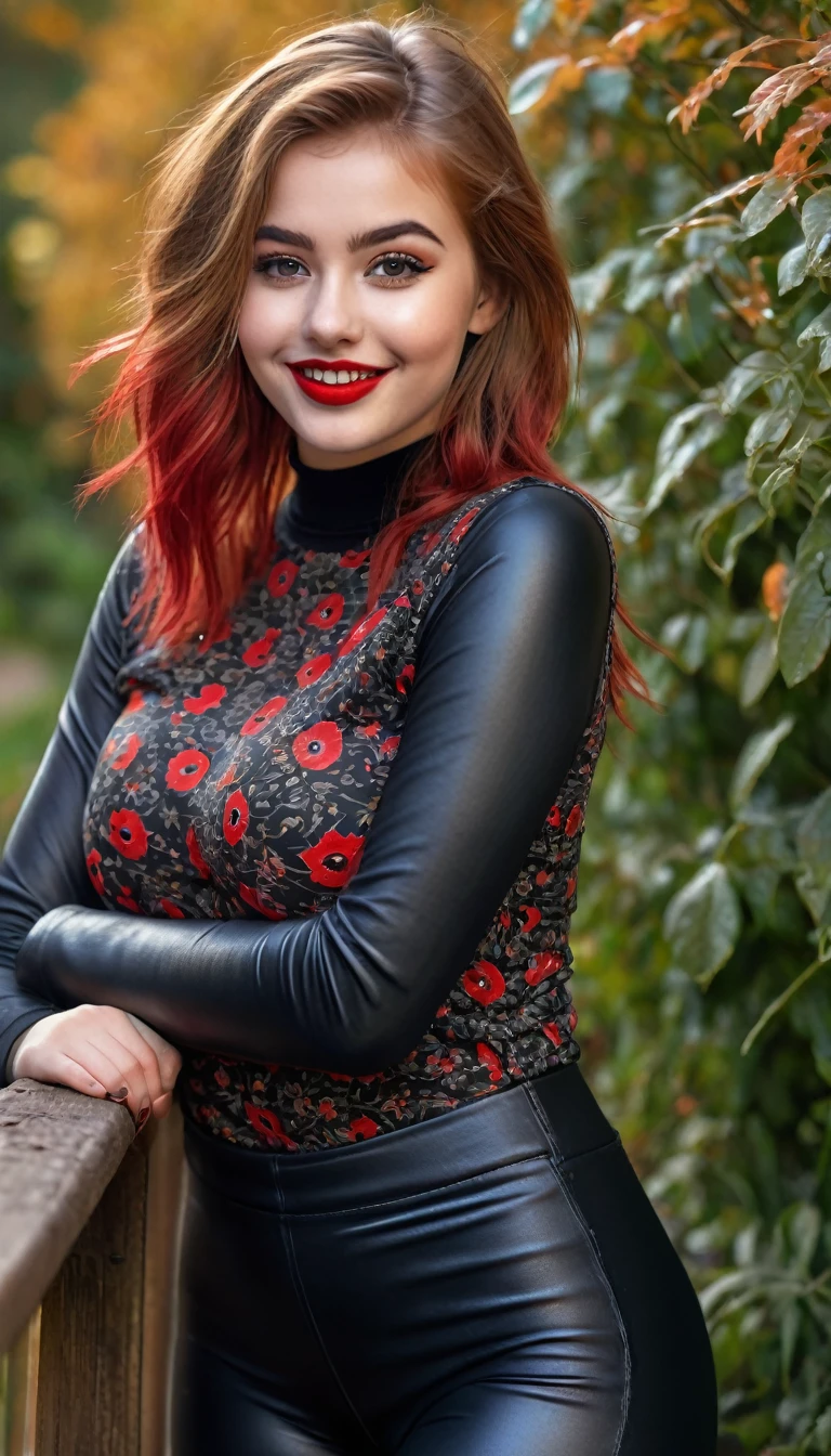 ultrarealistic high quality full body photo of a beautiful super busty slim european 19-year-old woman with cute hyperdetailed shy face and redhead shoulder length messy hair and shy smile, realistic round black eyes, red lips, dark eye makeup with eyeliner, wearing patterned longsleeve and faux leather leggins, hourglass body, tanned, outdoor photography