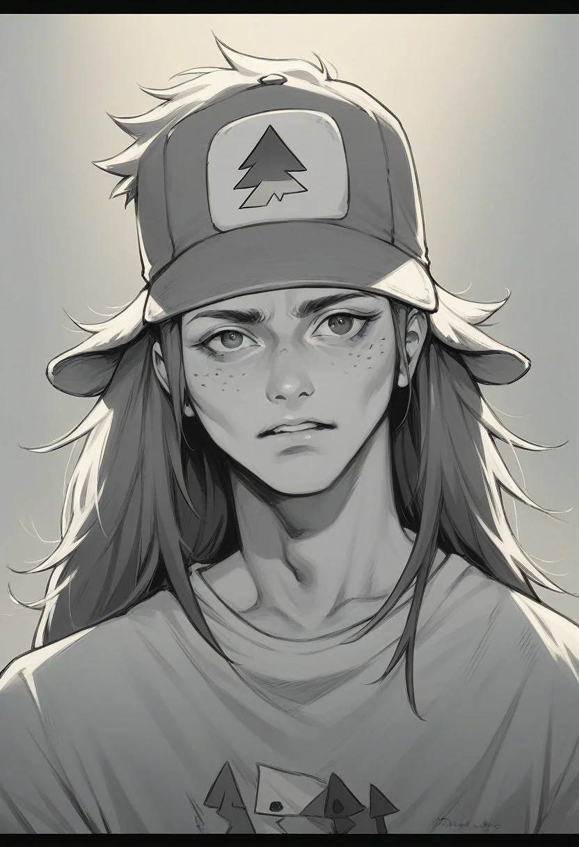 a photorealistic image of Dipper from Gravity Falls as a character in a Dark Fantasy 70’s vhs movie