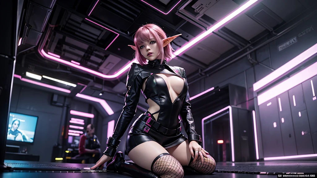Cyberpunk genre. One young elf. She stuck out her tongue in a sexy way. Short dark pink hair. And pink eyes. In leather clothes, a straight short skirt and fishnet tights. She has a slim figure. She kneels sexy at home.