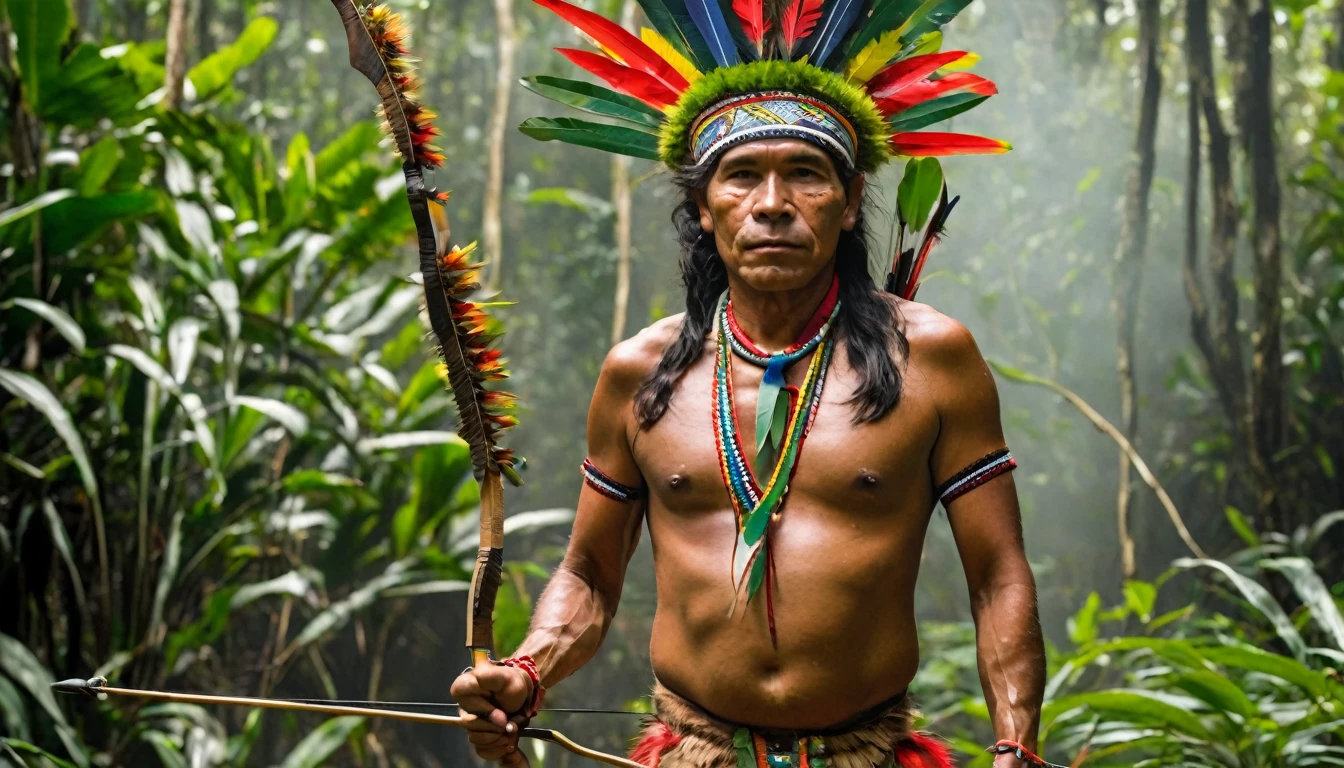 a Brazilian indigenous man, full body, in the Amazon rainforest, with indigenous adornments with bow and arrow