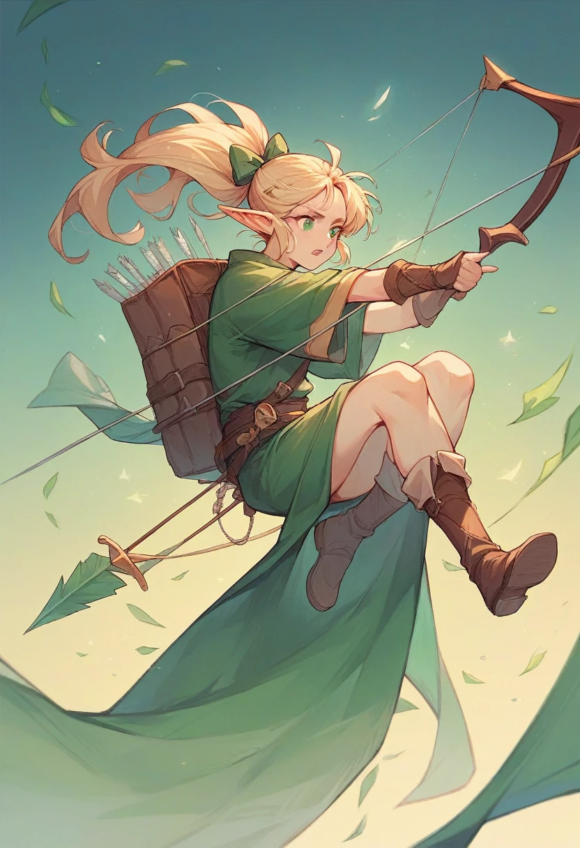 I would like to have a character who is an elf type with a green but also brown outfit and who uses a bow with his hair up and a lock falling in the front who carries a bow with arrows on his back 