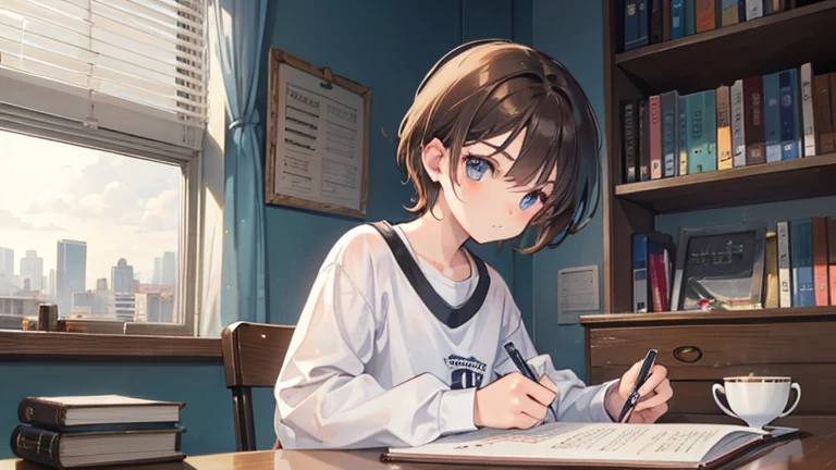 little boy, 18-years old, brownhair, eyes browns, estilo rebelde, white undershirt, with logo "It is good too" Productions, studying in her desk, writing in a notebook next to a large window overlooking the city, and a cup and tea on the book shelf. 