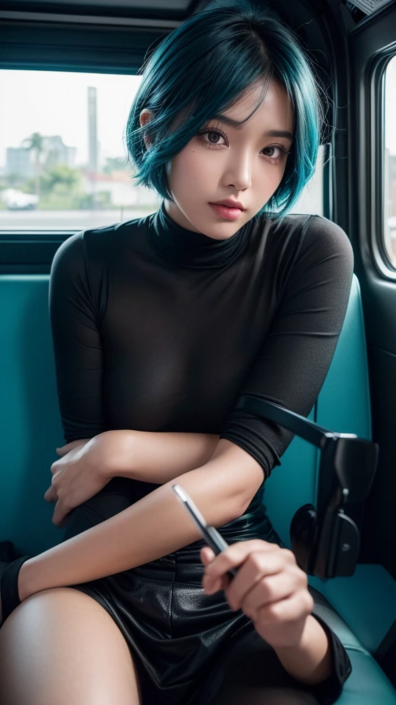 ((High quality, 8k, perfect quality, realistic)), beautiful, ((black and cyan hair color, short hair)), bedroom , selfie, staring out of the bus window, ((Indonesia)), adult, Indonesian region, ((realistic, facial texture)) Selfie photo with selfie stick, ((One person))