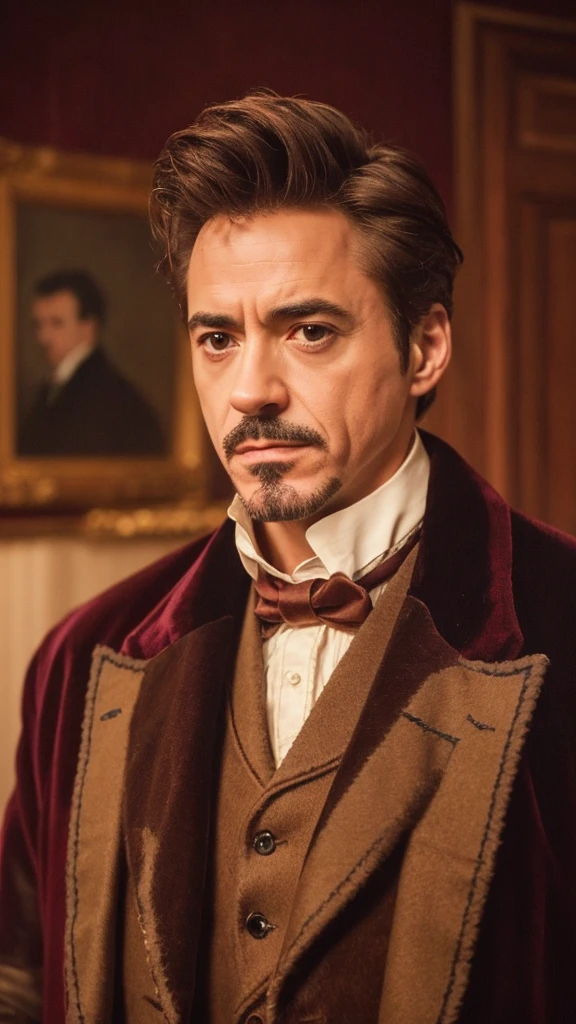 A close-up of a man in a suit and tie posing for a photo, Robert Downey Jr., Sherlock Holmes, Handsome man, cr3, portrait of Sherlock Holmes, Victorian clothing, velvet frock coat, wearing a brown coat, wearing Victorian clothes, haunting, he's wearing an overcoat, with Victorian clothes, wearing a fancy jacket