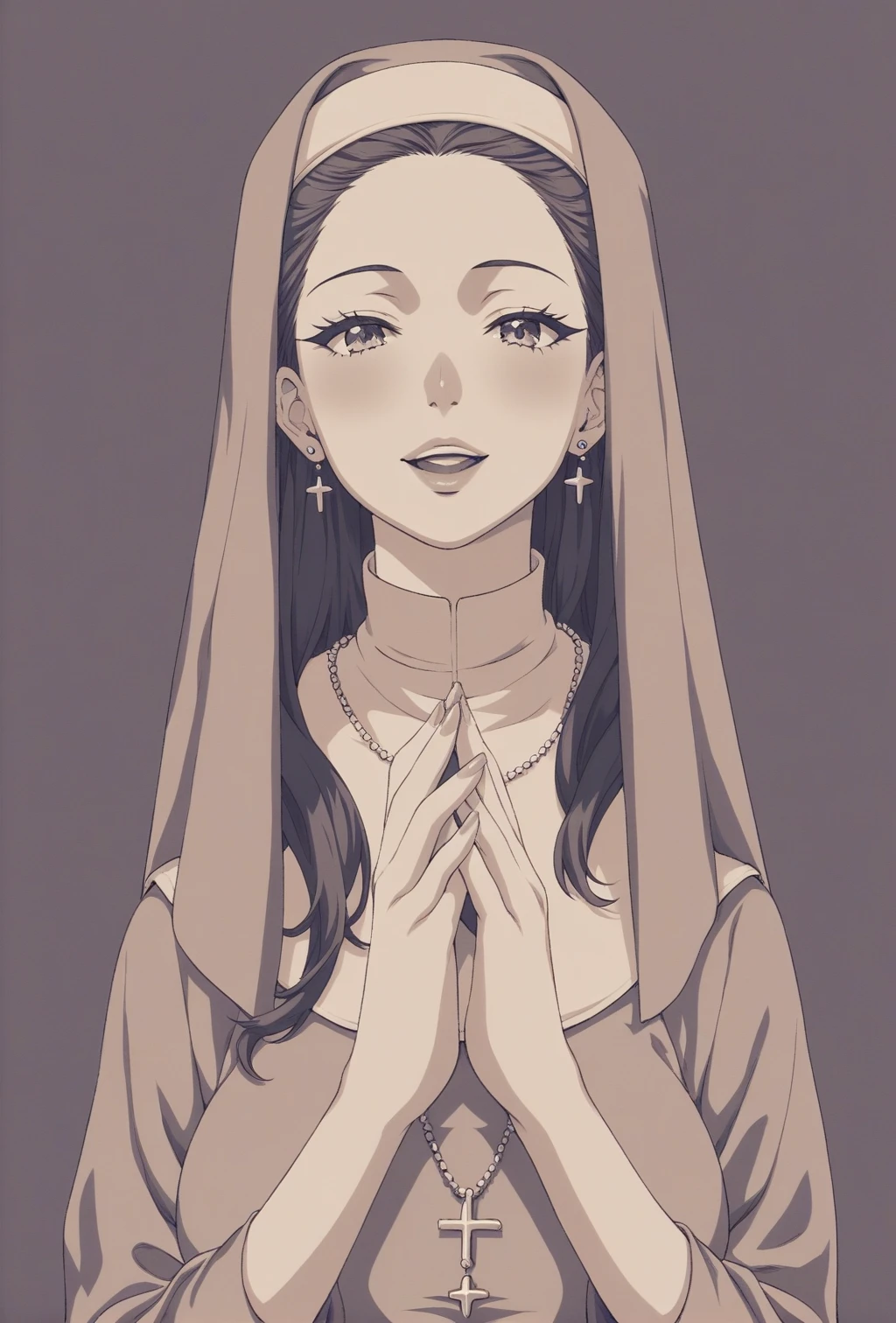 lineart, monochrome, a drawing of a nun with her hands folded in prayer, clean anime outlines, perfect lineart, clean lineart, extremely fine ink lineart, nun outfit, simple lineart, beautiful line art, anime style drawing, thick black lineart, black and white manga style, pin on anime