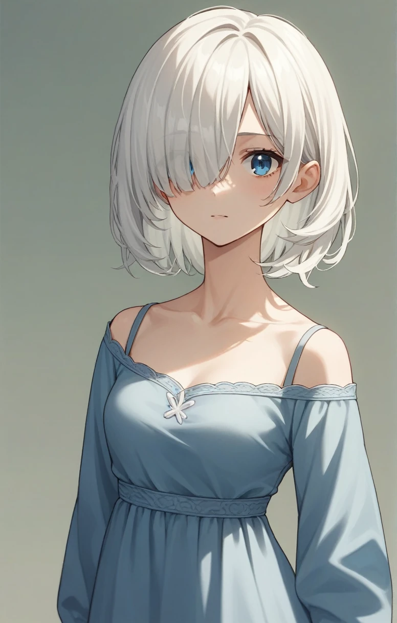 score_9, score_8_up, score_7_up, score_6_up, score_5_up, score_4_up, BREAK source_anime, one anime girl, blue eyes, white hair, medium hair, hair covers one eye, white and blue dress,