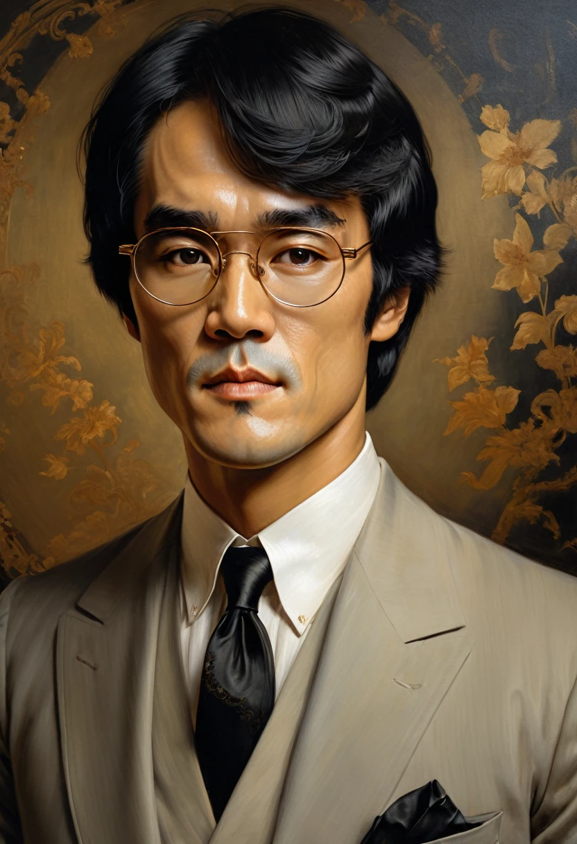 Masterpiece, Bruce Lee in a suit and darkened stylish glasses portrait of Albert Lynch, Abbott Henderson Thayer, high detail, best quality, HairDetail
