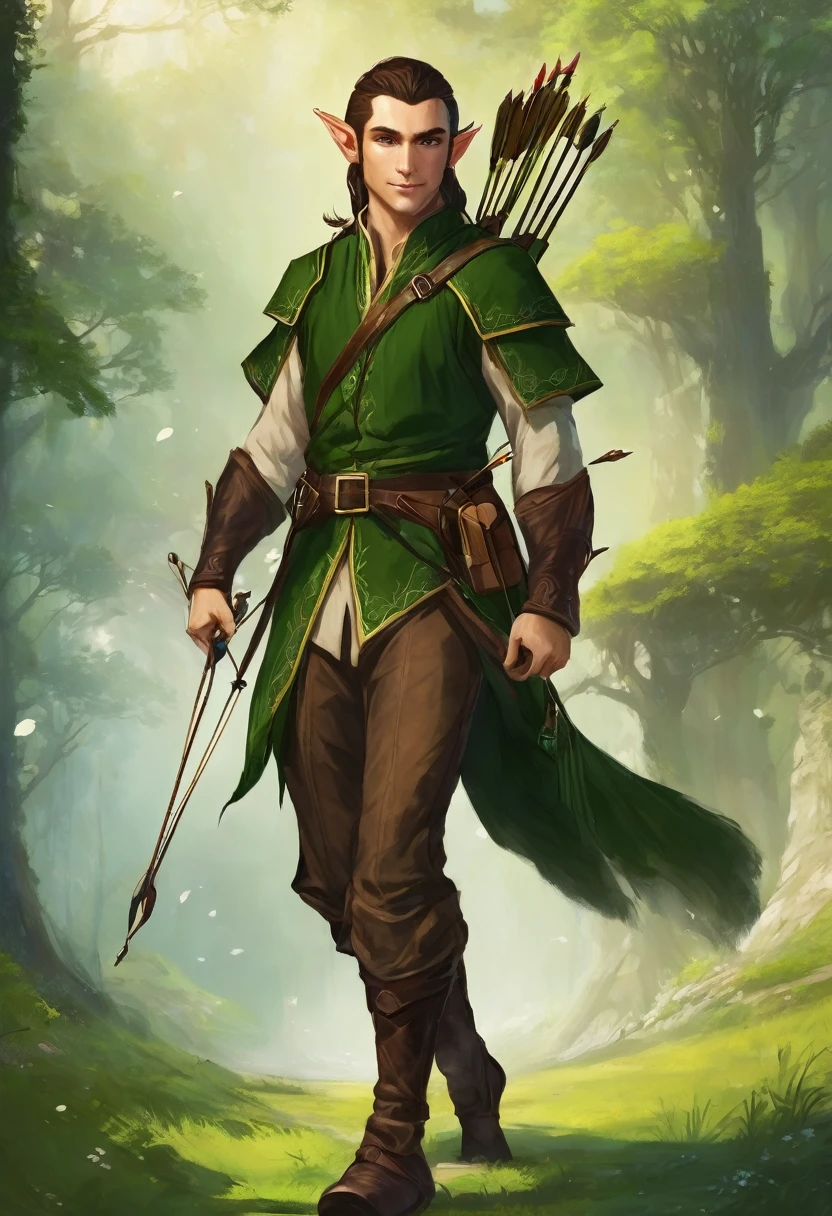 I would like to have a character who is an elf type with a green but also brown outfit and who uses a bow with his hair up and a lock falling in the front who carries a bow with arrows on his back
