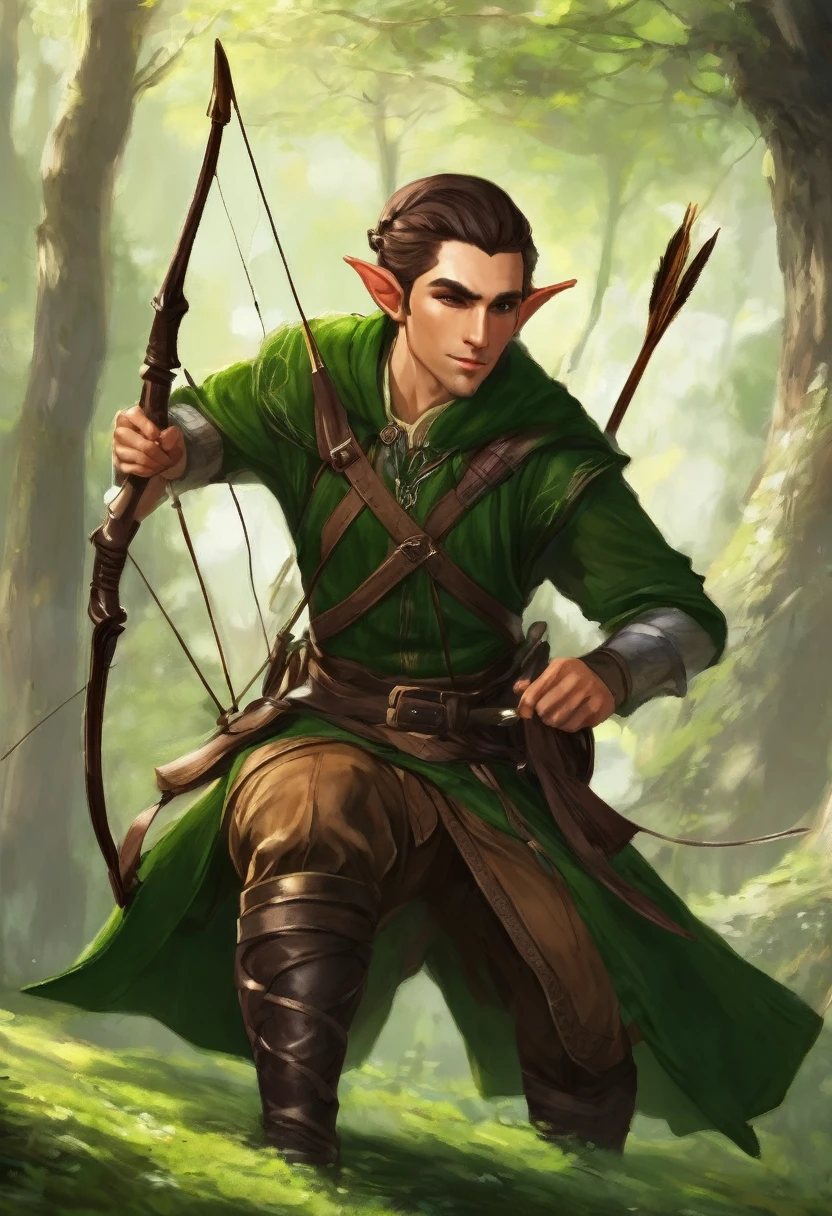 I would like to have a character who is an elf type with a green but also brown outfit and who uses a bow with his hair up and a lock falling in the front who carries a bow with arrows on his back