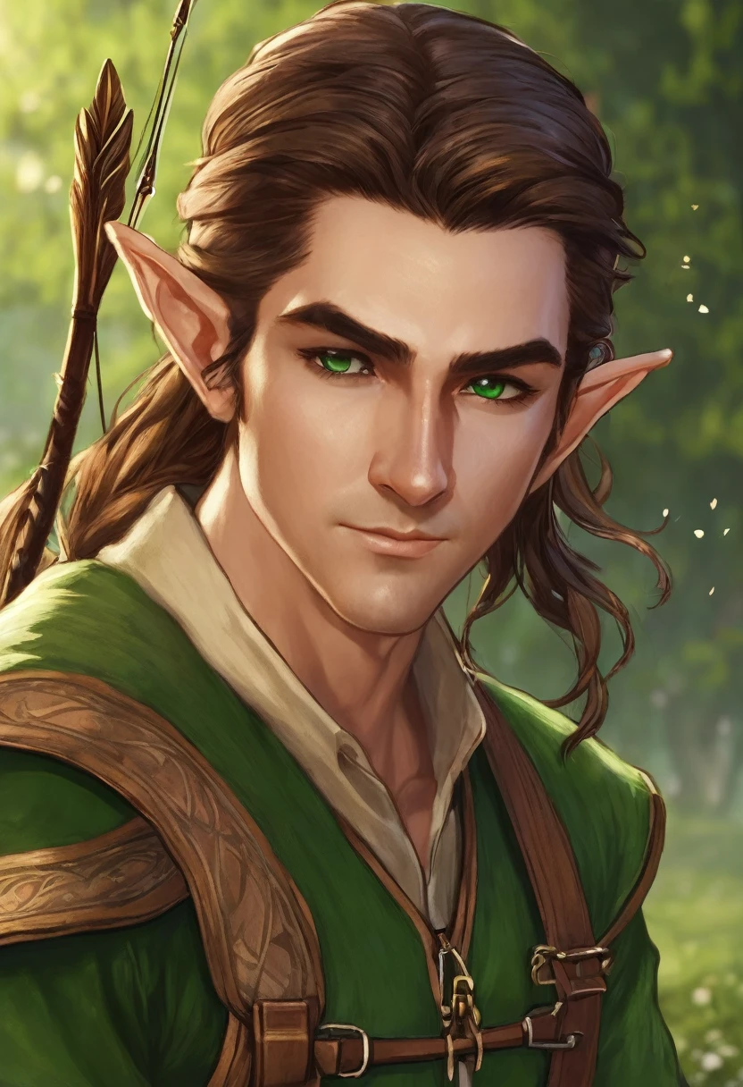 I would like to have a character who is an elf type with a green but also brown outfit and who uses a bow with his hair up and a lock falling in the front who carries a bow with arrows on his back