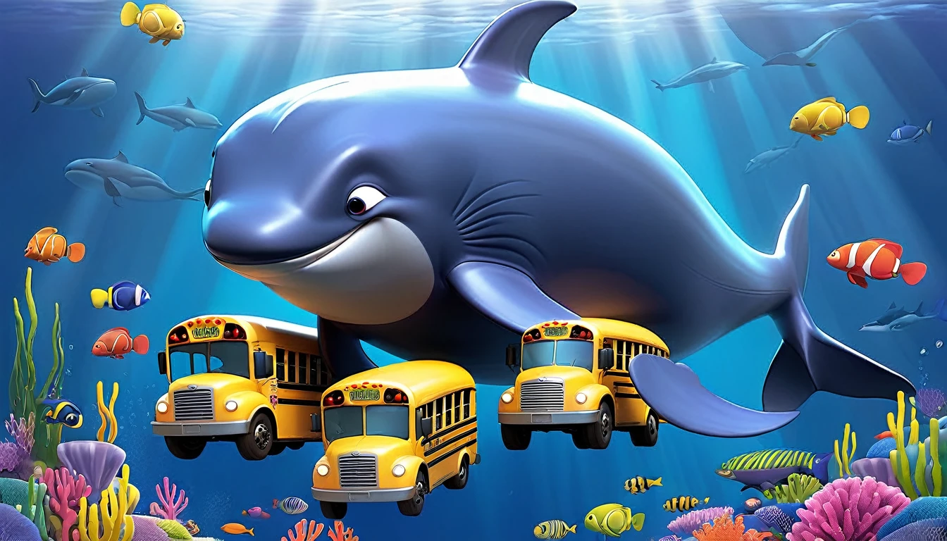 Create a 3-D Pixar style art scene for kids featuring a blue whale swimming beside three school buses for size comparison. The scene should be colorful and vibrant, with an ocean background, coral reefs, and schools of fish. The text 'Did you know? Whales are the biggest animals on Earth!' should be prominently displayed. The overall mood should be engaging and inviting for young children