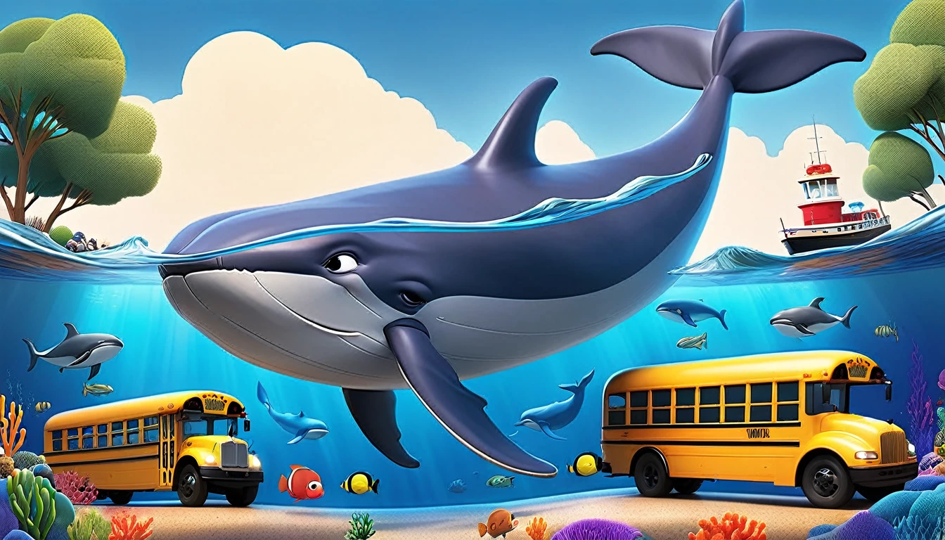 Create a 3-D Pixar style art scene for kids featuring a blue whale swimming beside three school buses for size comparison. The scene should be colorful and vibrant, with an ocean background, coral reefs, and schools of fish. The text 'Did you know? Whales are the biggest animals on Earth!' should be prominently displayed. The overall mood should be engaging and inviting for young children