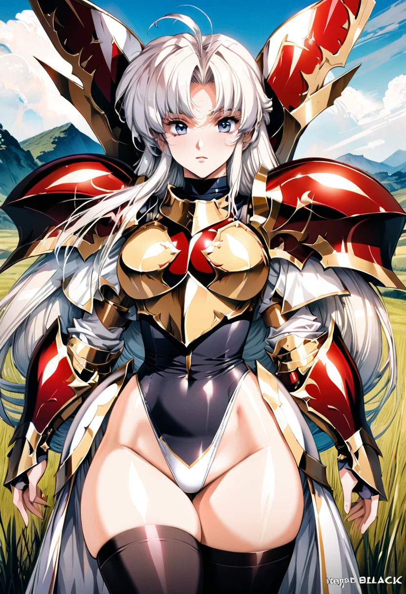 ((highest quality)), ((masterpiece)), ((hyperrealistic)), (detailed background), anime style, solo, 1girl, ((langrisser)), ((curvy: 1.2)), kawaii, ((leotard armor dress)), white long hair, ahoge, forehead, parted bangs, (paladin armor), ((large breasts)), ((breastplate)), (corset), (zettai ryouiki black knee socks), ((gauntlet)), (big butt), (thighs), (groin), beautiful eyes, perfect face, Perfect hands, perfect fingers, Blue sky and grassland,