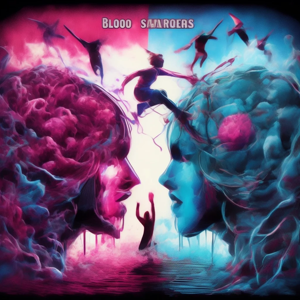 Blood-stained scavengers and dreamers from a parallel universe clash in a fractured psyche. Amid this turmoil, a breathtakingly beautiful transgender woman strives to unveil her true self amidst a spectacular apocalyptic setting. This vivid and emotionally charged scene is depicted in a mesmerizing painting, radiating with vivid hues of cyan and magenta. The intricate details of the woman's transformation and the chaos surrounding her evoke a sense of raw and powerful beauty, captivating viewers with its intensity and depth.