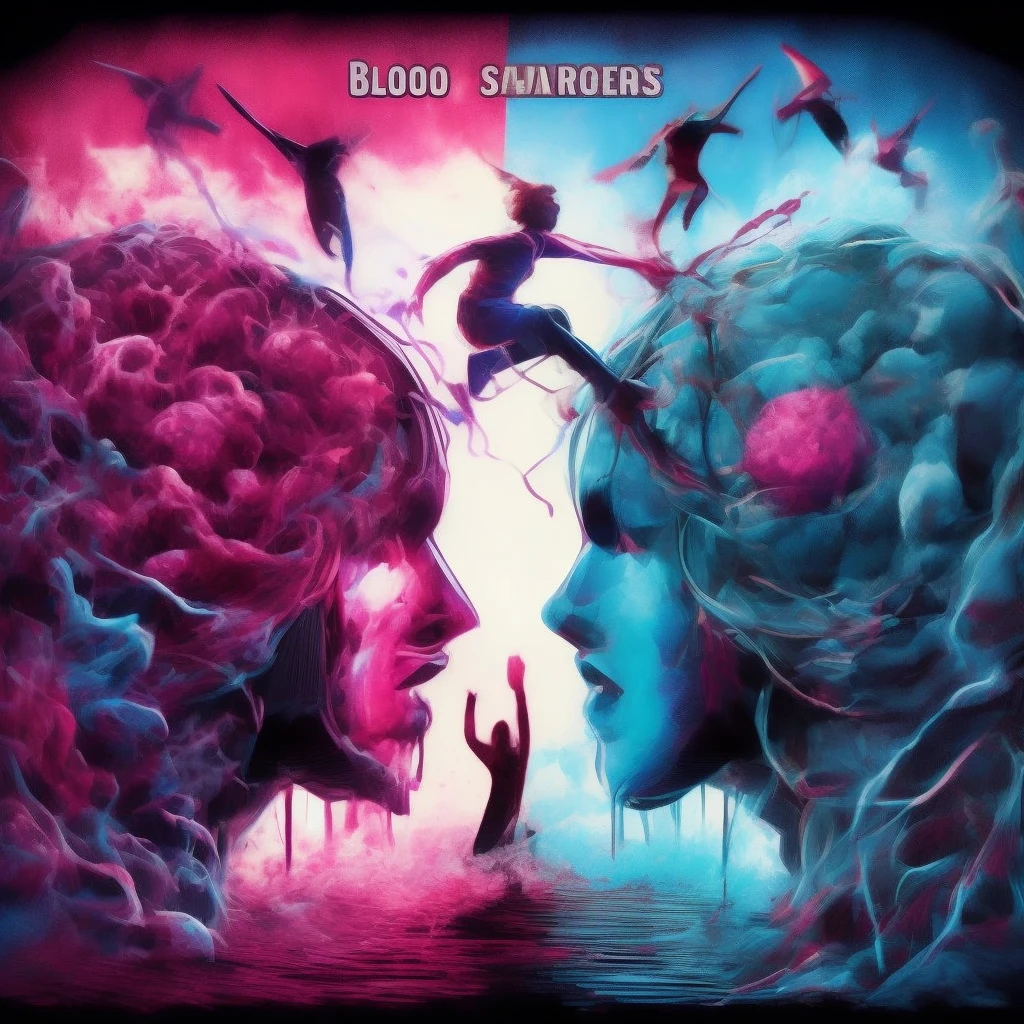 Blood-stained scavengers and dreamers from a parallel universe clash in a fractured psyche. Amid this turmoil, a breathtakingly beautiful transgender woman strives to unveil her true self amidst a spectacular apocalyptic setting. This vivid and emotionally charged scene is depicted in a mesmerizing painting, radiating with vivid hues of cyan and magenta. The intricate details of the woman's transformation and the chaos surrounding her evoke a sense of raw and powerful beauty, captivating viewers with its intensity and depth.