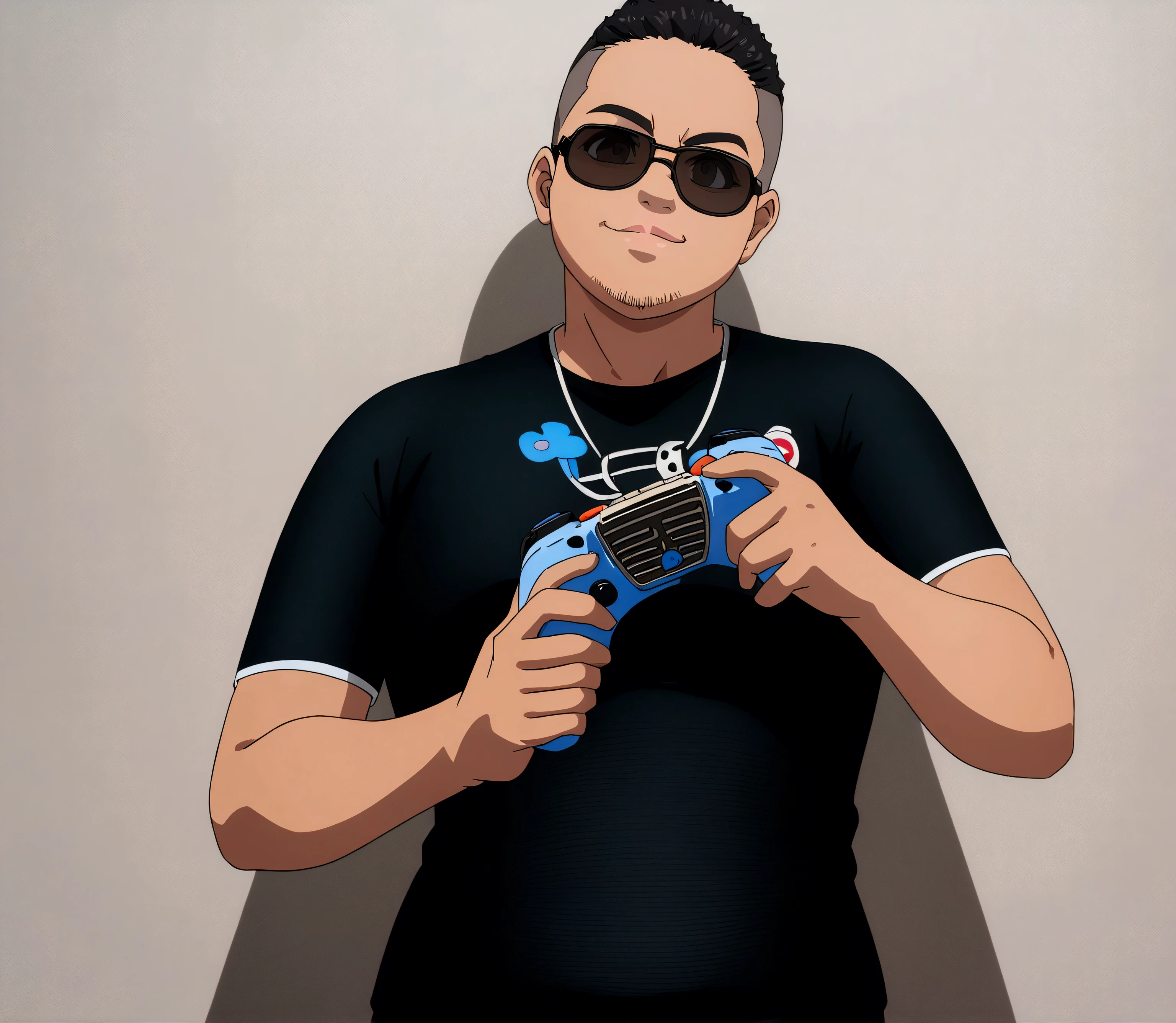 Dark-skinned man with black jacket and sunglasses, standing on the wall, undercut haircut, Bblack hair, holding a controller, anime 8K foda, anime wallpaper 4k, 4K anime-style, 8K anime art wallpaper